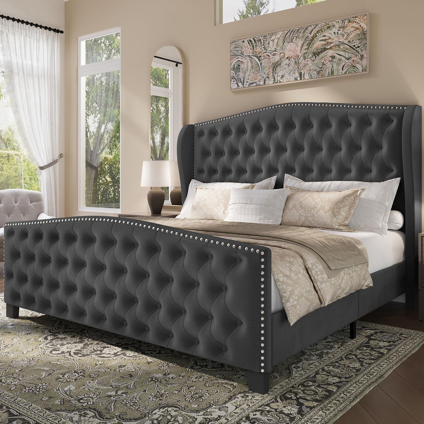 BRELTAM Upholstered King Size Bed Frame Velvet Tufted Bed Frame with Wingback Headboard & Footboard, with Deep Button Tufted & Nailhead Wooden Slats Support, No Box Spring Needed,Grey