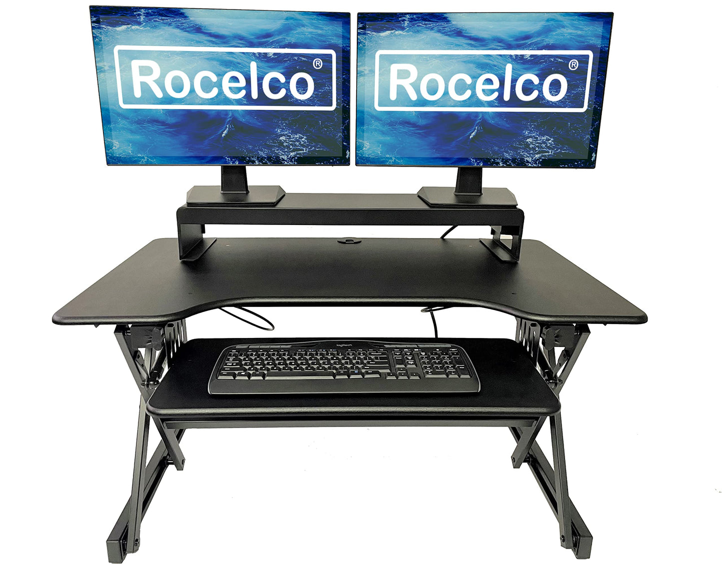 Rocelco 40" Large Height Adjustable Standing Desk Converter with Dual Monitor Stand BUNDLE - Quick Sit Stand Up Computer Workstation Riser - Retractable Keyboard Tray - Black (R DADRB-40-DMS)