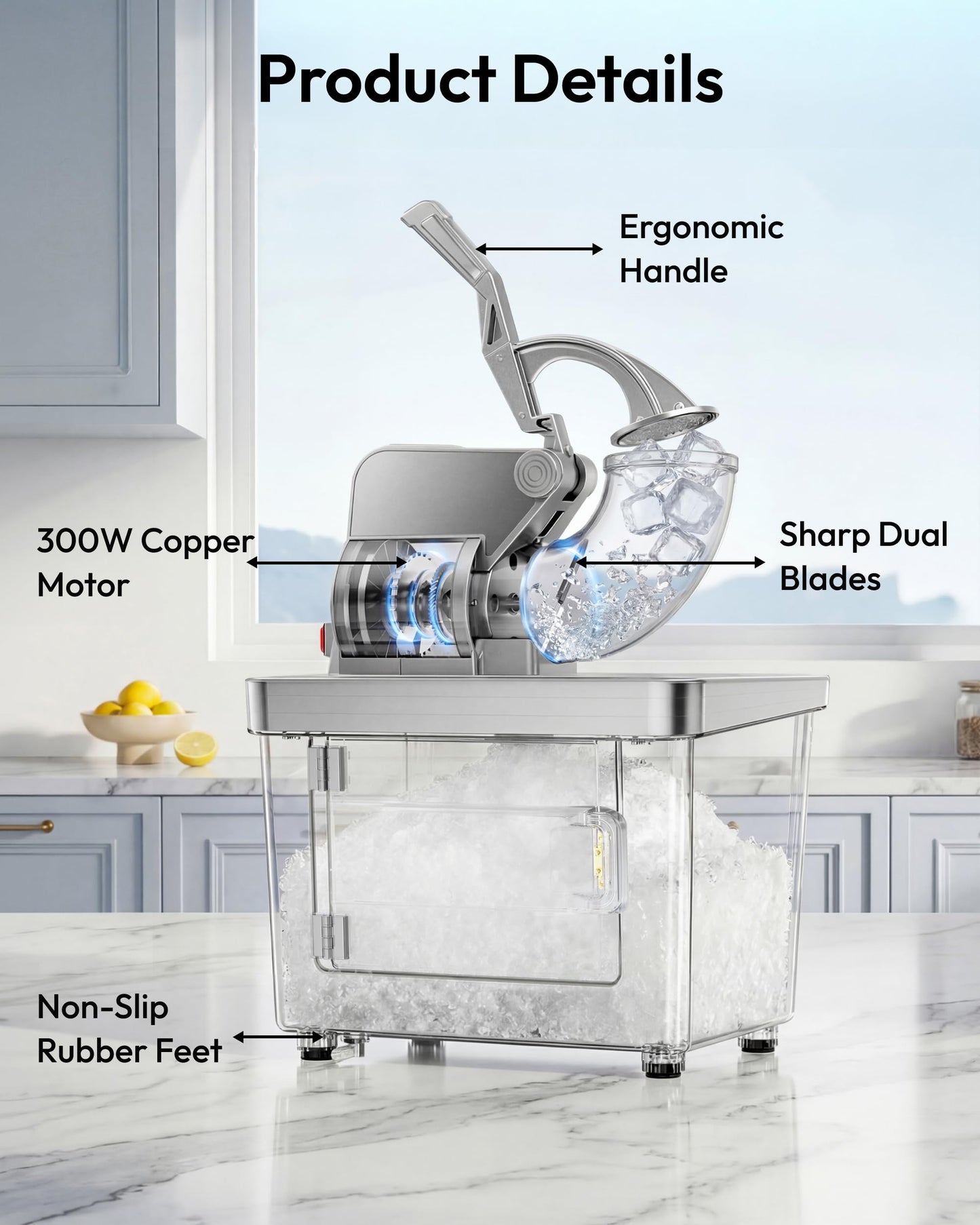 EUHOMY Snow Cone Machine, 661 Lbs/H Commercial Shaved Ice Machine with 34L Large Capacity, 300W Electric Ice Shaver with Dual Blades, ETL Certified Snow Cone Maker for Home & Commercial Use (Silver)