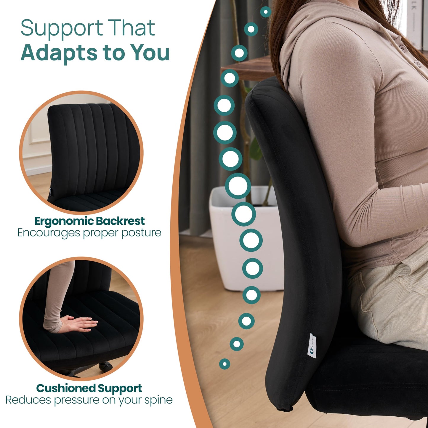 NYPOT Armless Desk Chair with Wheels for Criss Cross Sitting - Cross Legged Wide Armless Chair - Adjustable Vanity 360° Swivel Stool and 120° Rocking Wide Seat Comfy for Home and Office, Black Velvet