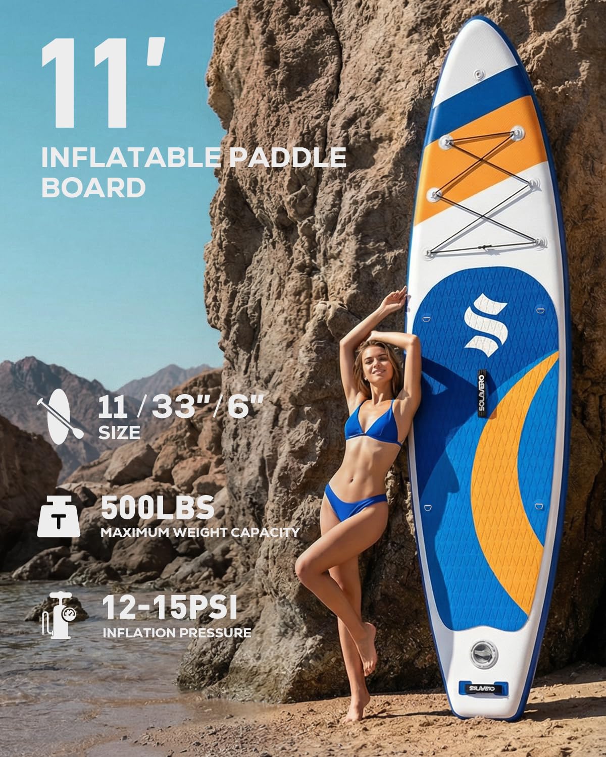 SOLAVERO 11' Inflatable Stand Up Paddle Board, Extra Wide Stable SUP with Premium Accessories Blow Up Paddle Board for Adults, Suitable for Sea and Lake, All Skill Levels