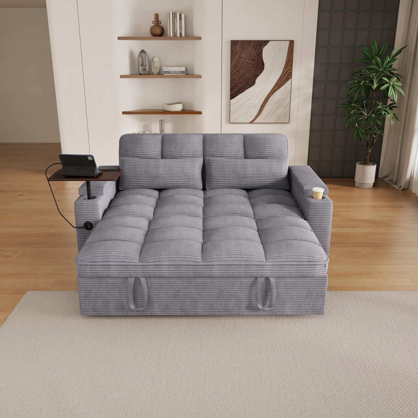 KEIKI 65" 3-in-1 Convertible Sofa Bed, Space-Saving Pull-Out Sleeper Loveseat with 360° Swivel Table, USB Charging Ports & Hidden Storage, Premium Ribbed Corduroy Couch for Apartments