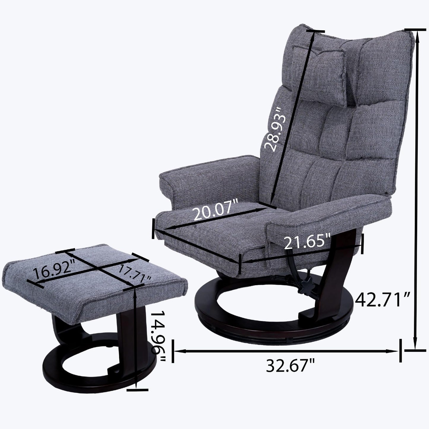 Trygoal Massage Recliner Chair with Ottoman, 360° Swivel Ergonomic Chenille Reclining with 8 Vibration & Heating Points, 135° Lounge TV Chair with Bent Wood Base & Headrest for Living Room, Grey