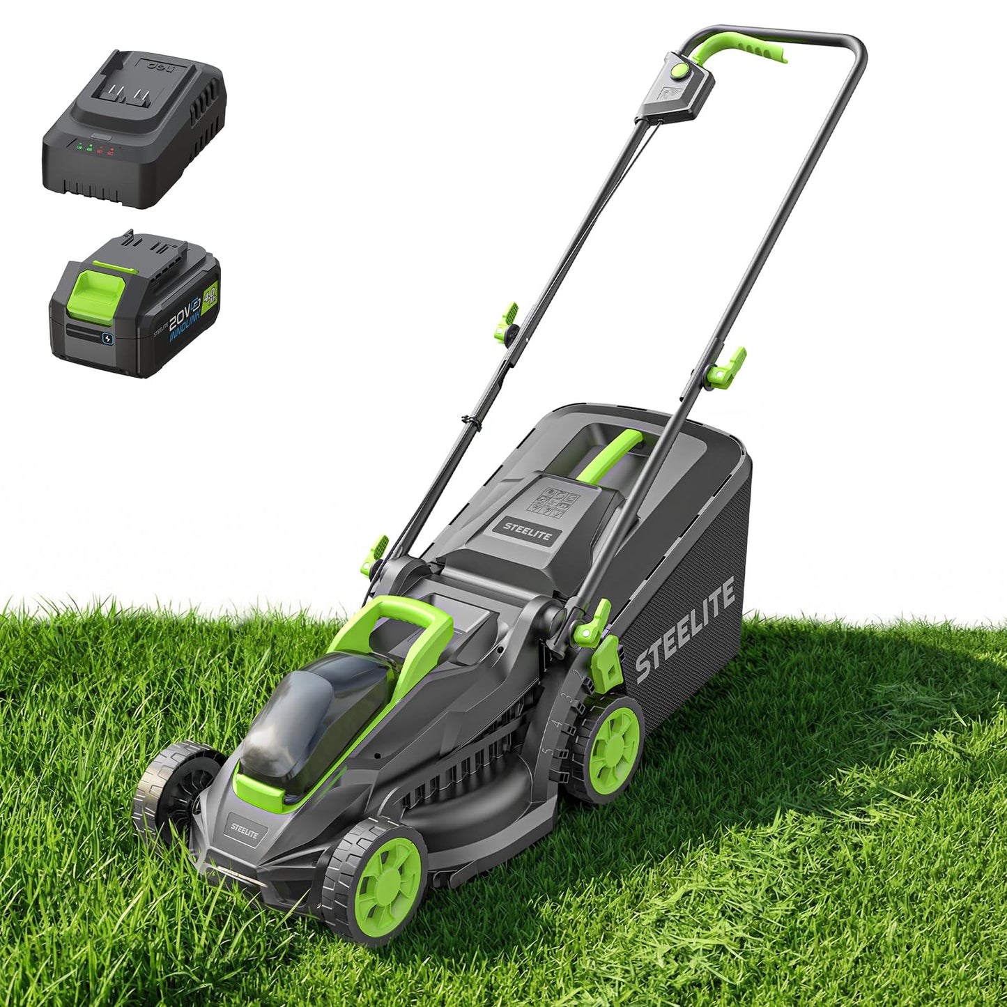 STEELITE 13-Inch Cordless Electric Lawn Mower, 21V Brushless Battery Push Mower with 4.0Ah Battery & Charger, 5-Position Height Adjustment, 8-Gallon Grass Bag