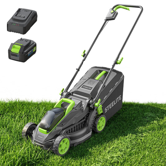 STEELITE 13-Inch Cordless Electric Lawn Mower, 21V Brushless Battery Push Mower with 4.0Ah Battery & Charger, 5-Position Height Adjustment, 8-Gallon Grass Bag