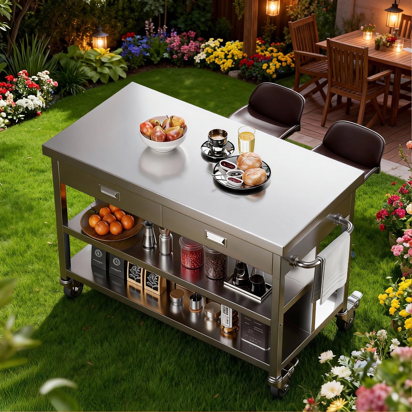 KINGBO 50" Stainless Steel Kitchen Island with Storage, Rolling Kitchen Island Table with 2 Drawers on Wheels, Portable Island Cart for Kitchen, Outdoor, Restaurant, Cafe