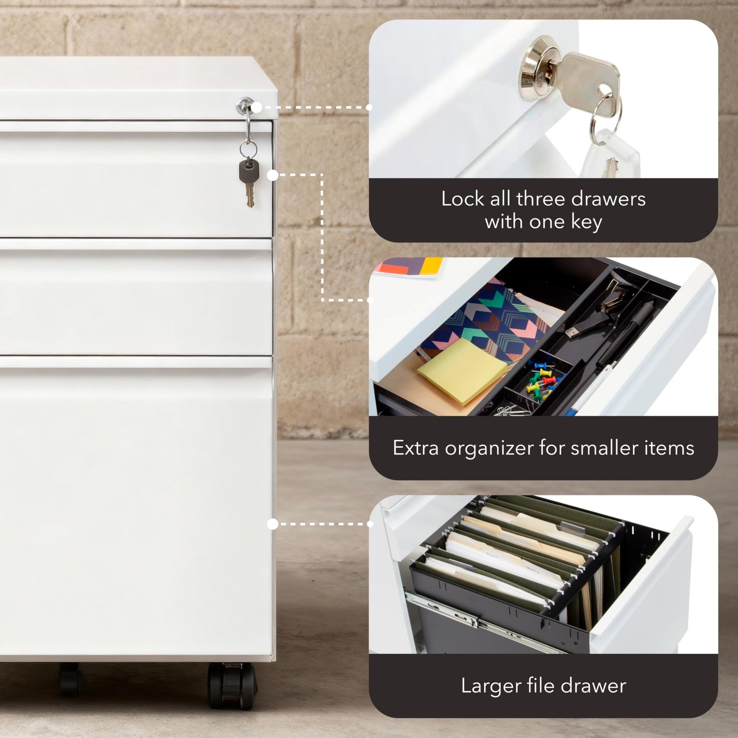 Mount-It! 3 Drawer File Cabinet with Lock and Wheels, Under Desk Storage Filing Pedestal for Home Office, No Assembly Small Rolling File Cabinet for Legal, Letter, and A4 Files in White