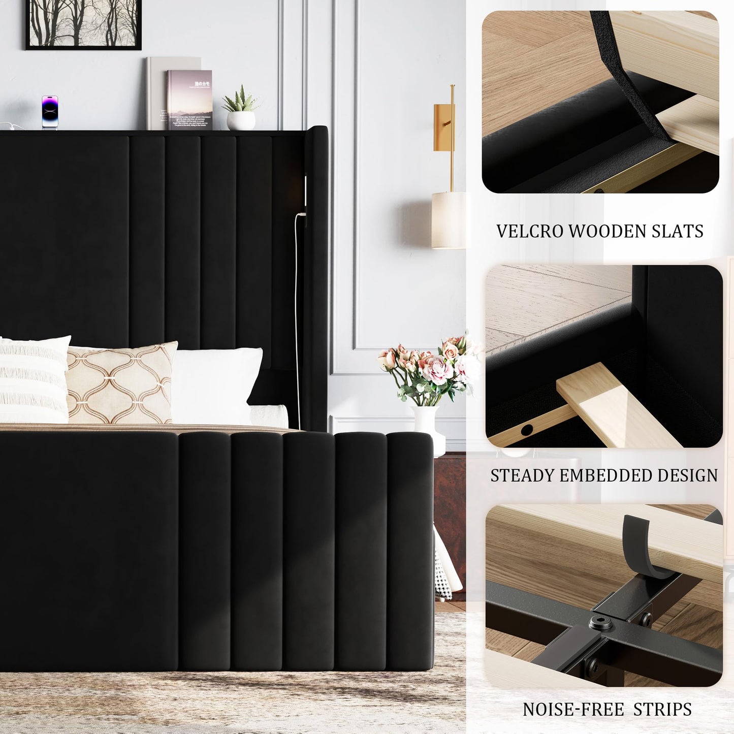 Uteeran Queen Bed Frame with 55.1" Tall Headboard, Velvet Upholstered Platform Bed with Channel Tufted Wingback, 2 Reading Lights/Storage Shelf/Charging Station/Easy Assembly/Noise-Free, Black