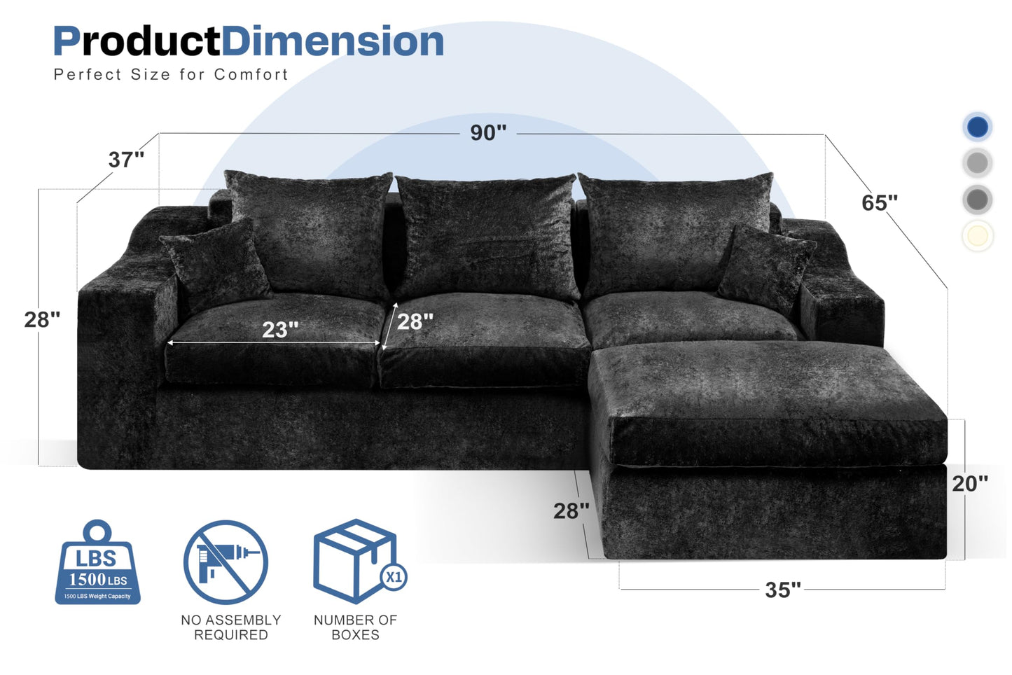 HABUTWAY 90" Boneless Couch with Ottoman, Sectional Couches for Living Room, Cloud Couch with Deep Seat, Modular Sectional Sofa with L-Shape Chaise, No Assembly Required (Black, Left Facing Chaise)