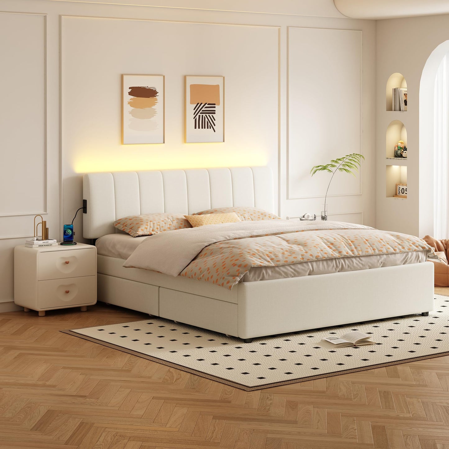 FAVSH King Size Upholstered Platform Bed with 4 Storage Drawers