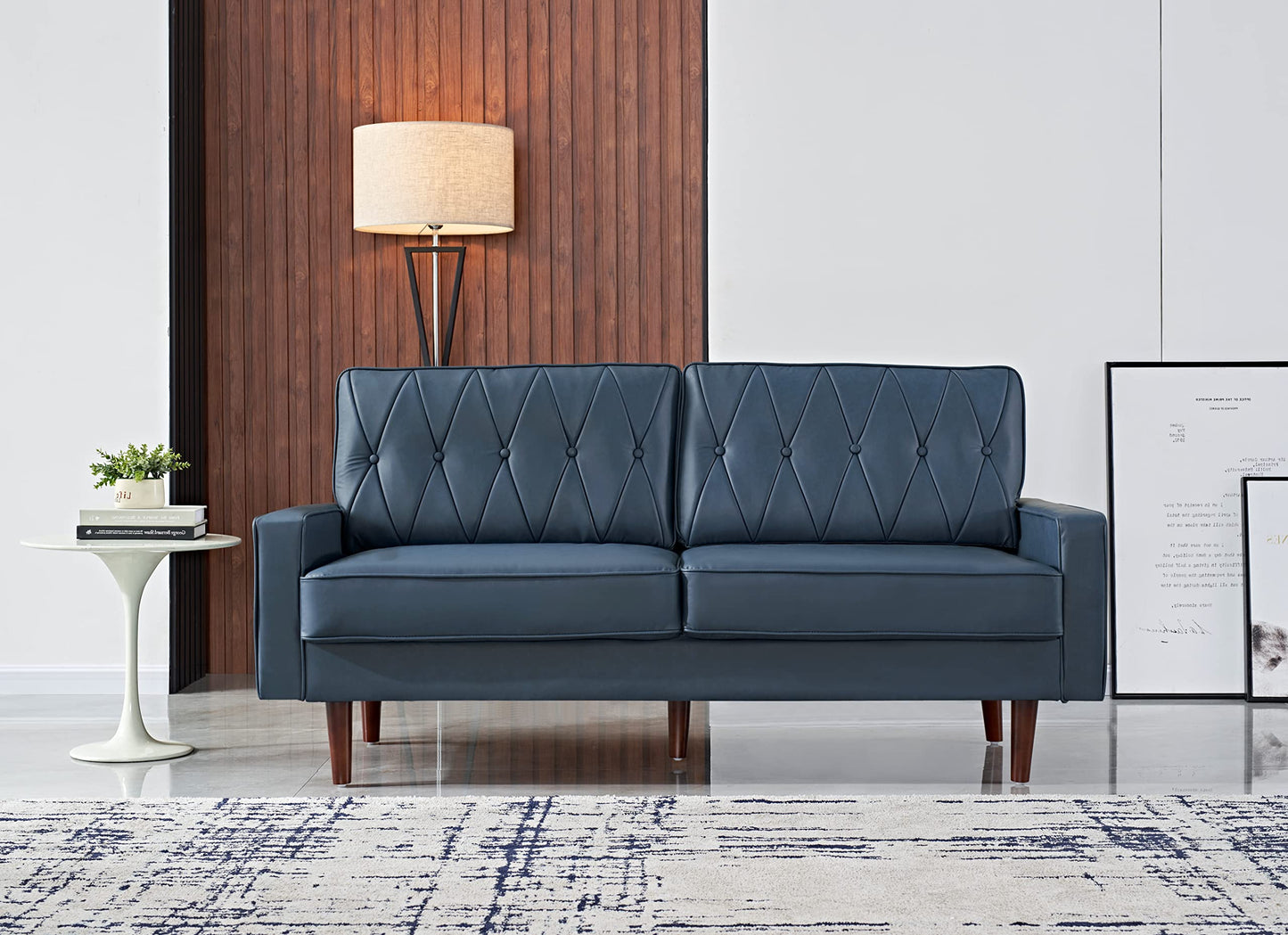 Container Furniture Modern Style Faux Leather Sofa with Elegant Round Tapered Legs and Button Tufted Backrest Perfect for Living Room, Bedroom or Home Office, 69.3’’ Wide, Blue