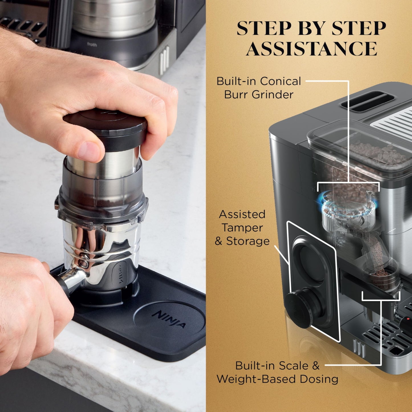 Ninja Luxe Café Premier 3-in-1 Espresso Machine, Drip Coffee, & Rapid Cold Brew | Built-in Coffee Grinder, Hands-Free Milk Frother, Assisted Tamper for Cappuccinos & Lattes | Stainless Steel | ES601