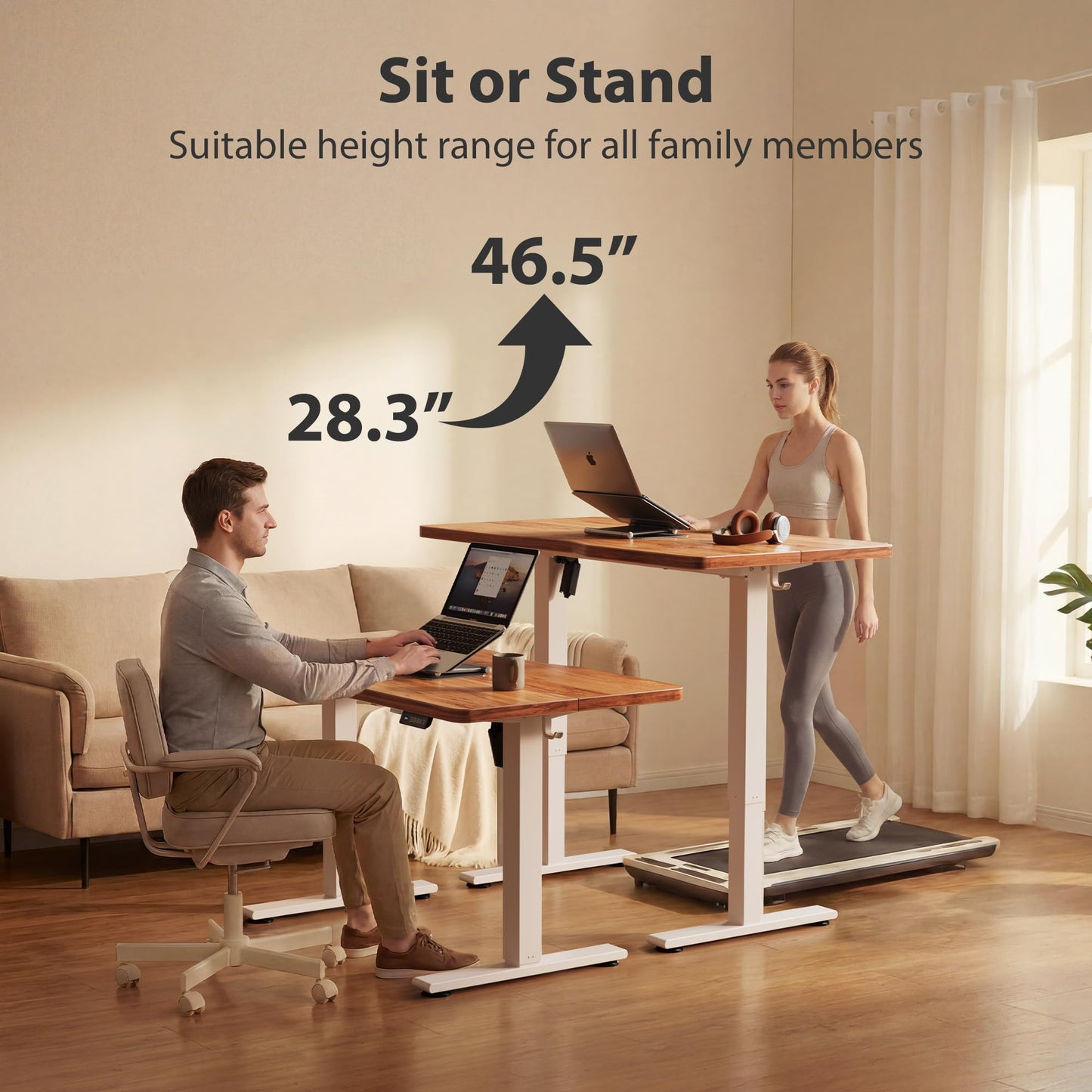 Cubiker Standing Desk, 63x28 Inches Sit Stand Home Office Desk, Electric Stand up Desk, Adjustable Desk with Splice Board, White Frame/Light Rustic Top