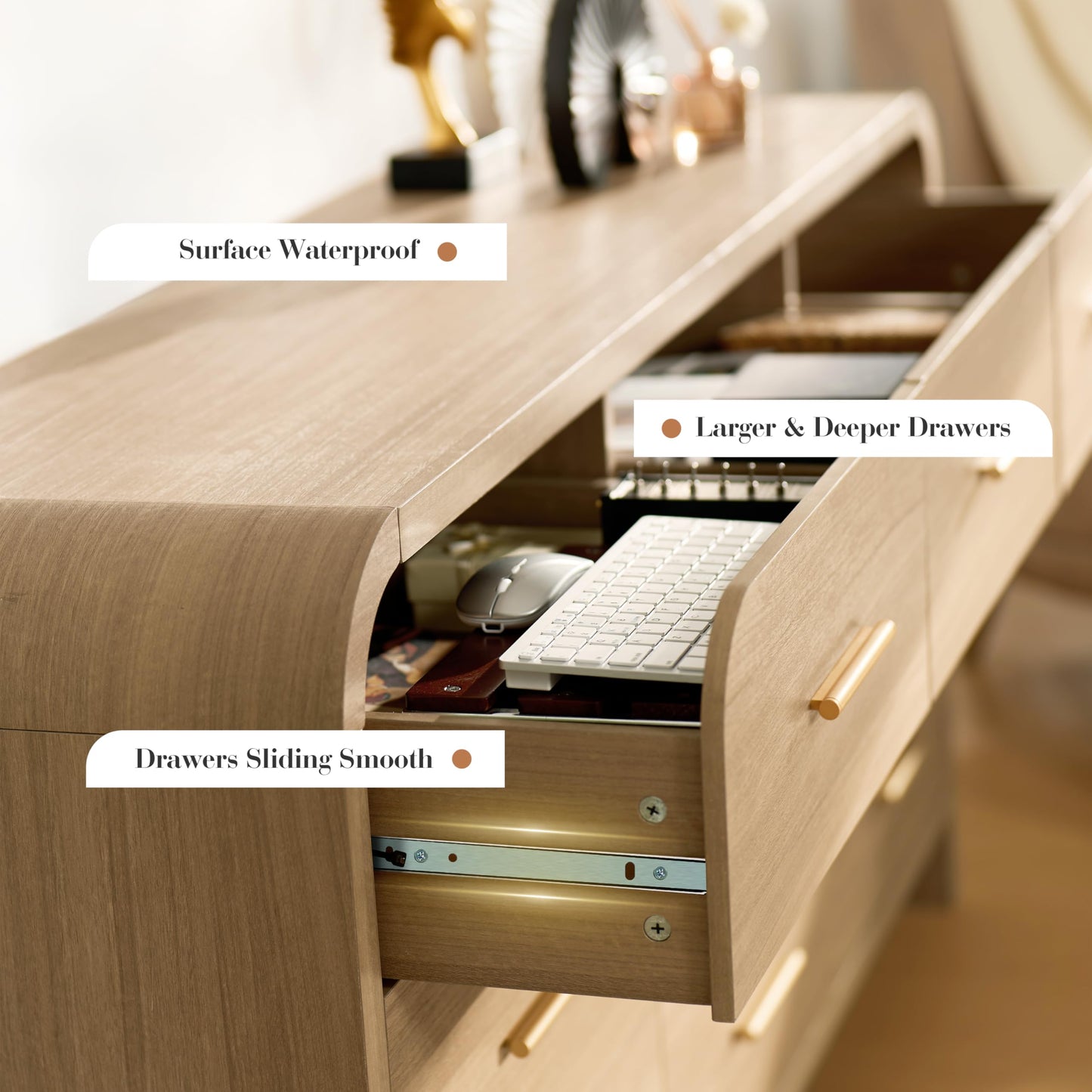 EliteSet Curved 9-Drawer Dresser for Bedroom, 63" Wide Modern Chest of Drawers, Vanity Desk TV Stand for Living Room, Closet Storage Drawers Organizer Furniture, Nursery, Hallway, Grey Oak