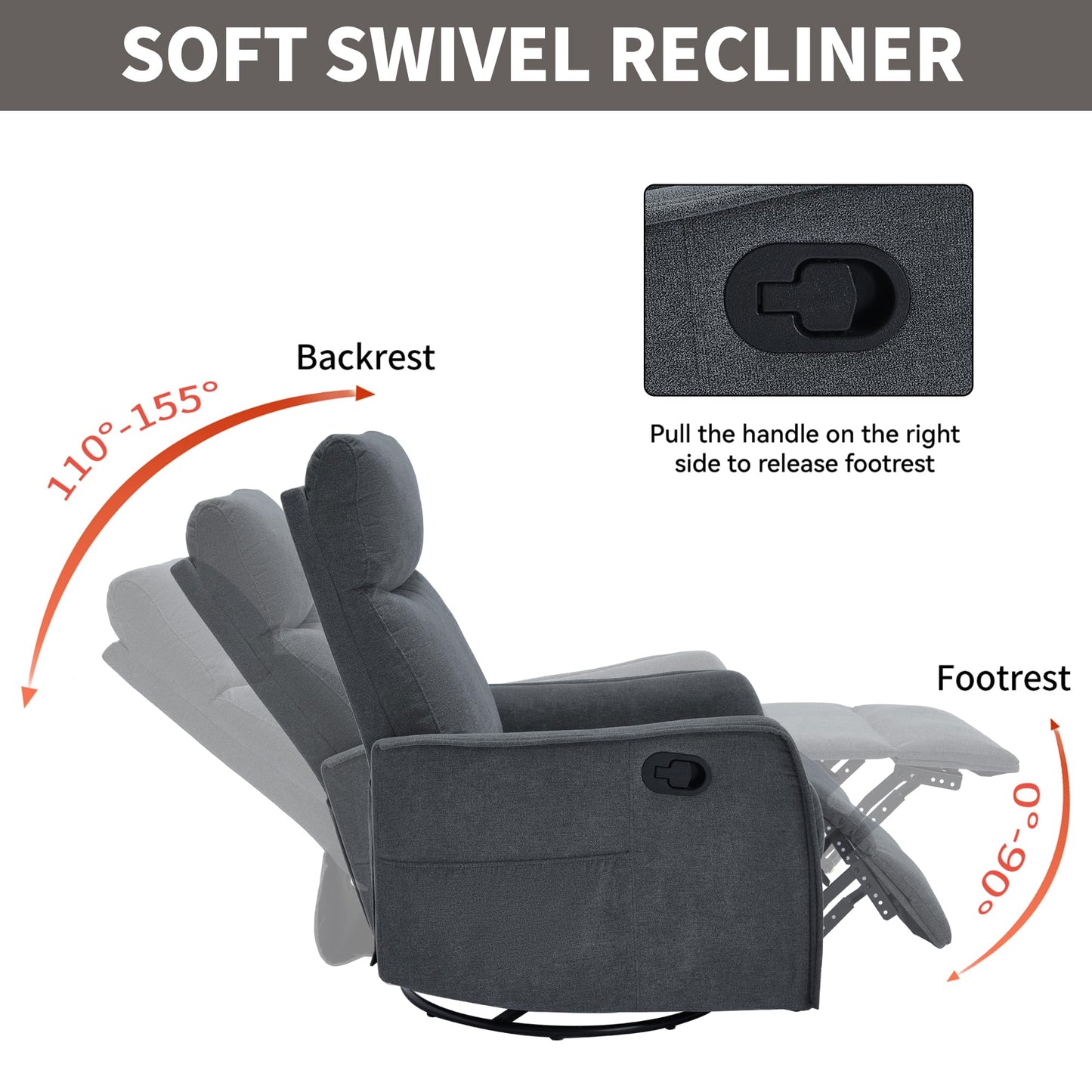 KEIKI 4-in-1 Manual Swivel Rocker Recliner Chair for Home Living Room, Polyester Chair with Back Massager & Heat, Home Theater Seating with Lumbar Support, Tool Free Assembly for Any Space, Grey