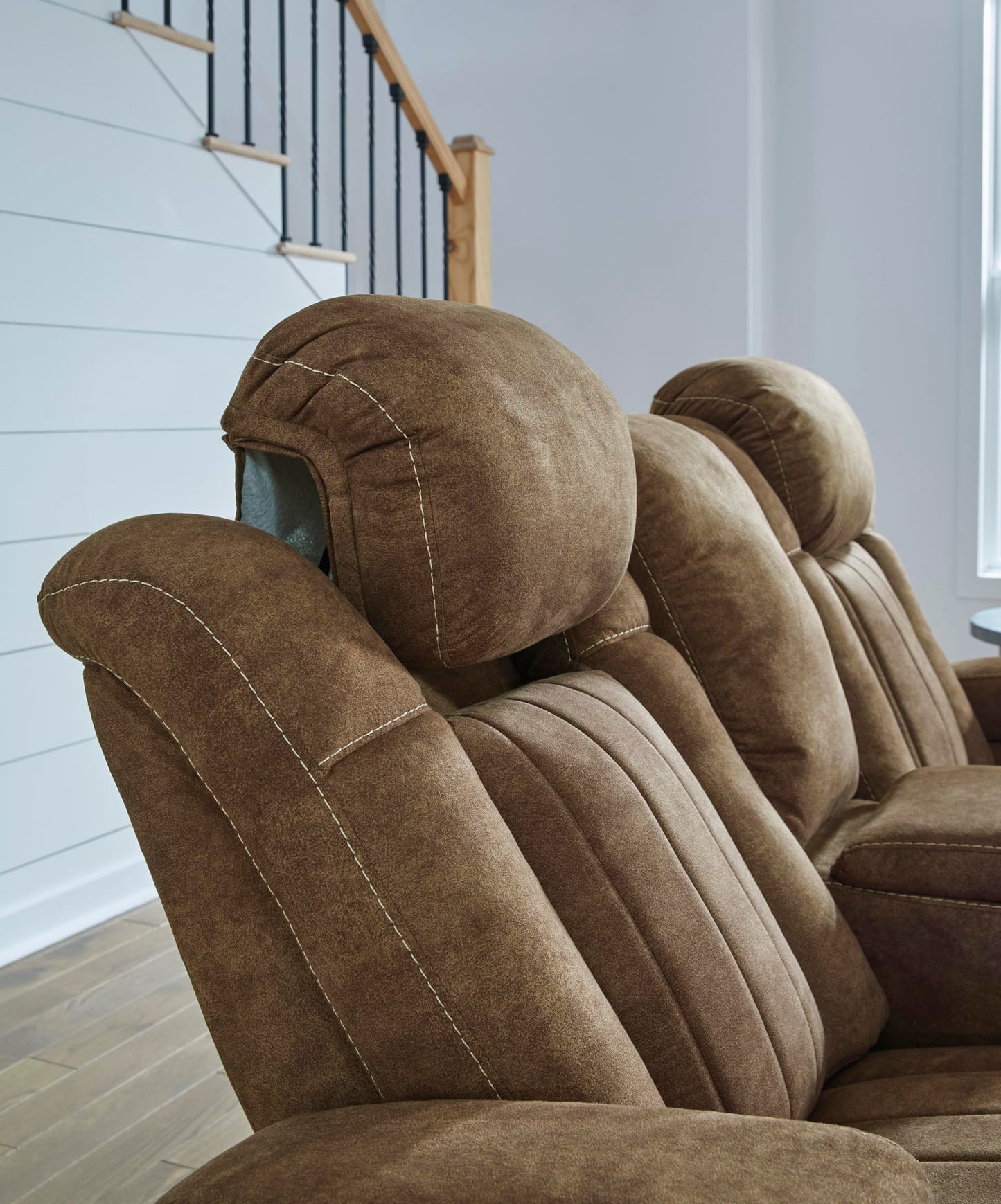 Signature Design by Ashley Wolfridge Contemporary Faux Leather Power Reclining Sofa with Drop Down Table, LED Lights, Electrical Outlet, Wireless Charging, USB Ports and Cup Holders, Light Brown