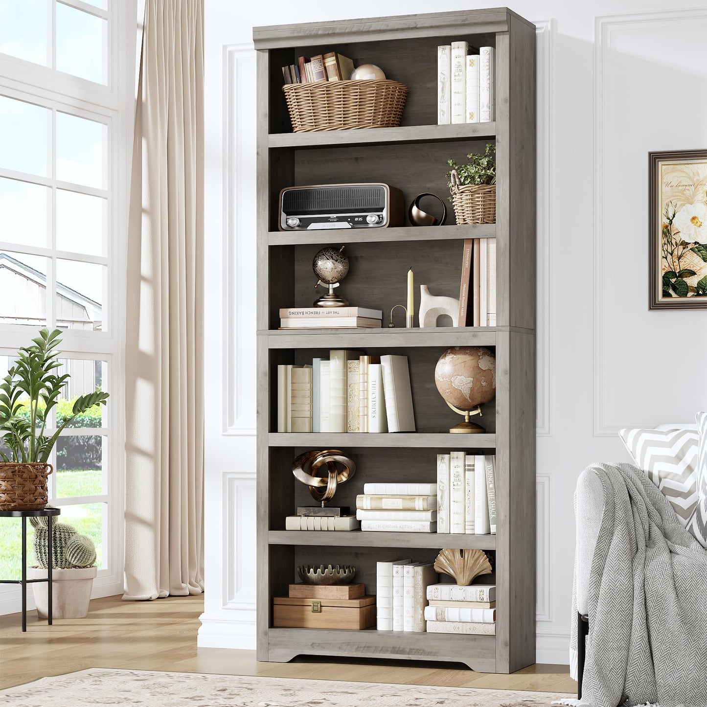 75" Tall Farmhouse Bookshelf, 6 Tiers Open Bookcase with Adjustable Shelves, Anti-Tip Floor Standing Storage Organizer, 31.5"W Wooden Display Shelf for Home Office, Living Room, Balcony & Study, Gray