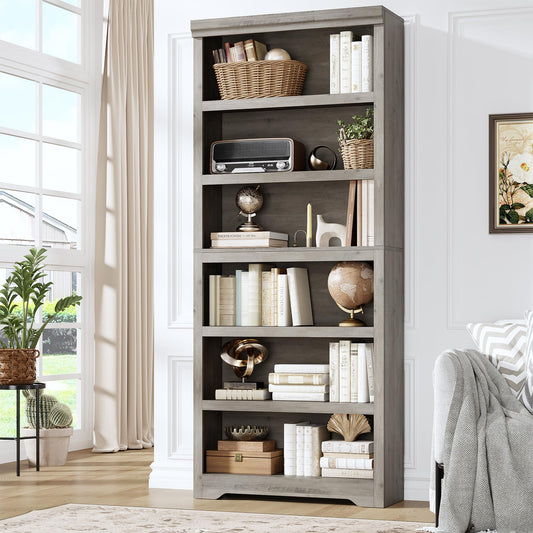 75" Tall Farmhouse Bookshelf, 6 Tiers Open Bookcase with Adjustable Shelves, Anti-Tip Floor Standing Storage Organizer, 31.5"W Wooden Display Shelf for Home Office, Living Room, Balcony & Study, Gray