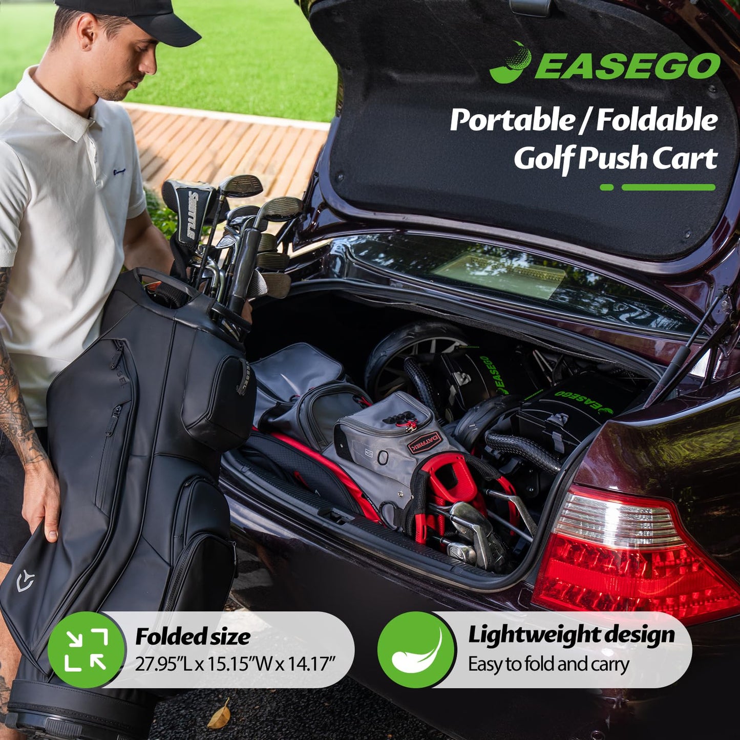 EASEGO Golf Push Cart 3 Wheel : Golf Bag Cart Foldable with Phone/Cup/Umbrella Holder Compact Golf Pull Carts Quick Fold Golf Caddy Push Carts with Large Wheelbase for Different Terrain (Gray)