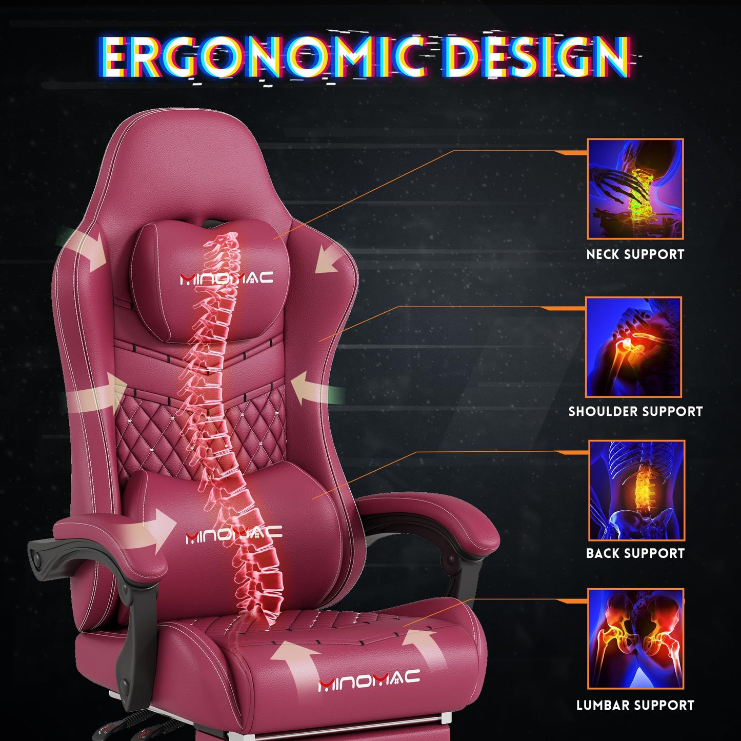 MINOMAC Gaming Chair, 400 lbs Adult Chair, High Back Computer Chair with Footrest and Linked Armrests, Office Video Game Chair with Lumbar Support (RED)