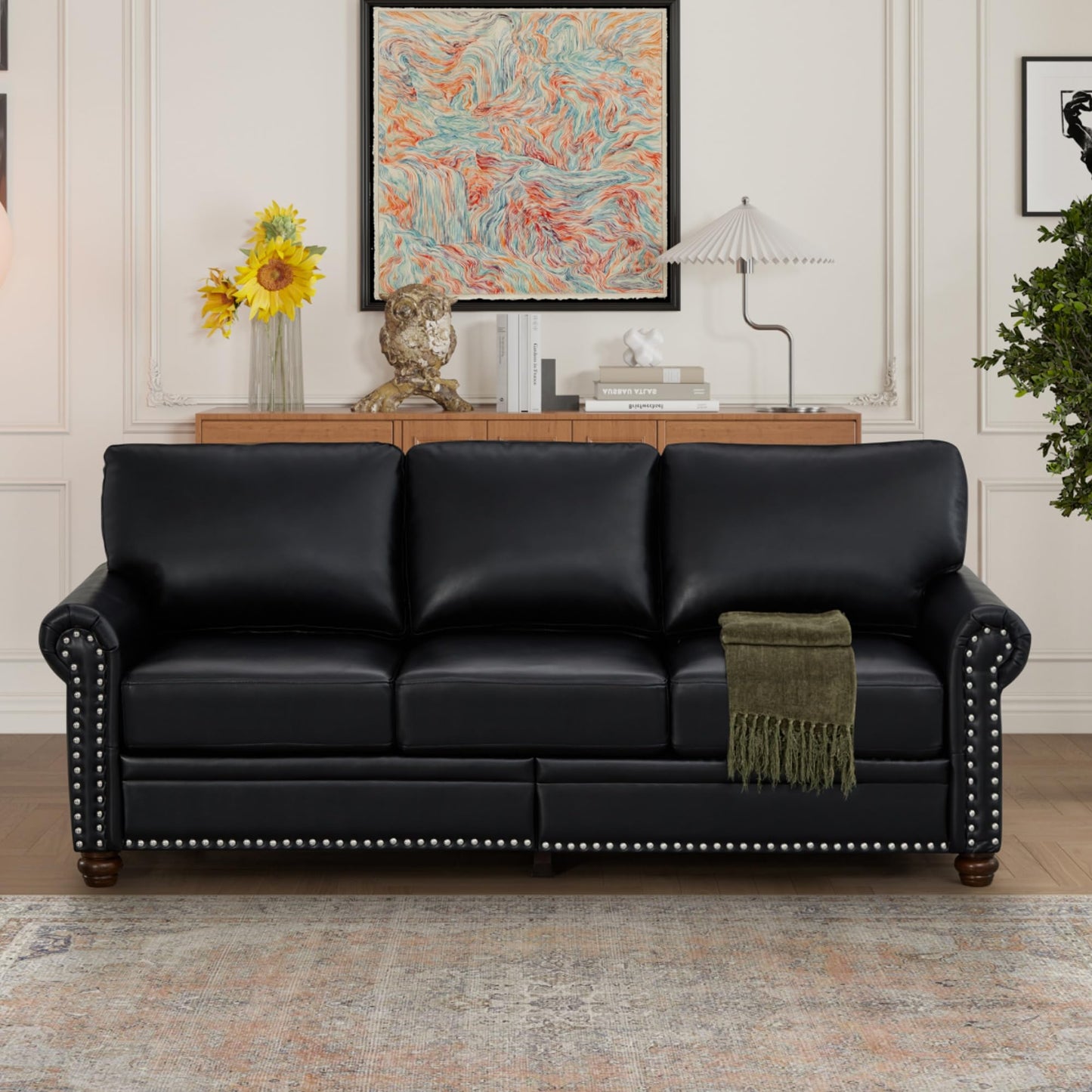 KEIKI Retro 82.68" Chesterfield Sofa, Upholstered Faux Leather PU Couch with Storage Space, Rolled Arm, Nailhead for Living Room Bedroom Office Apartment, Black