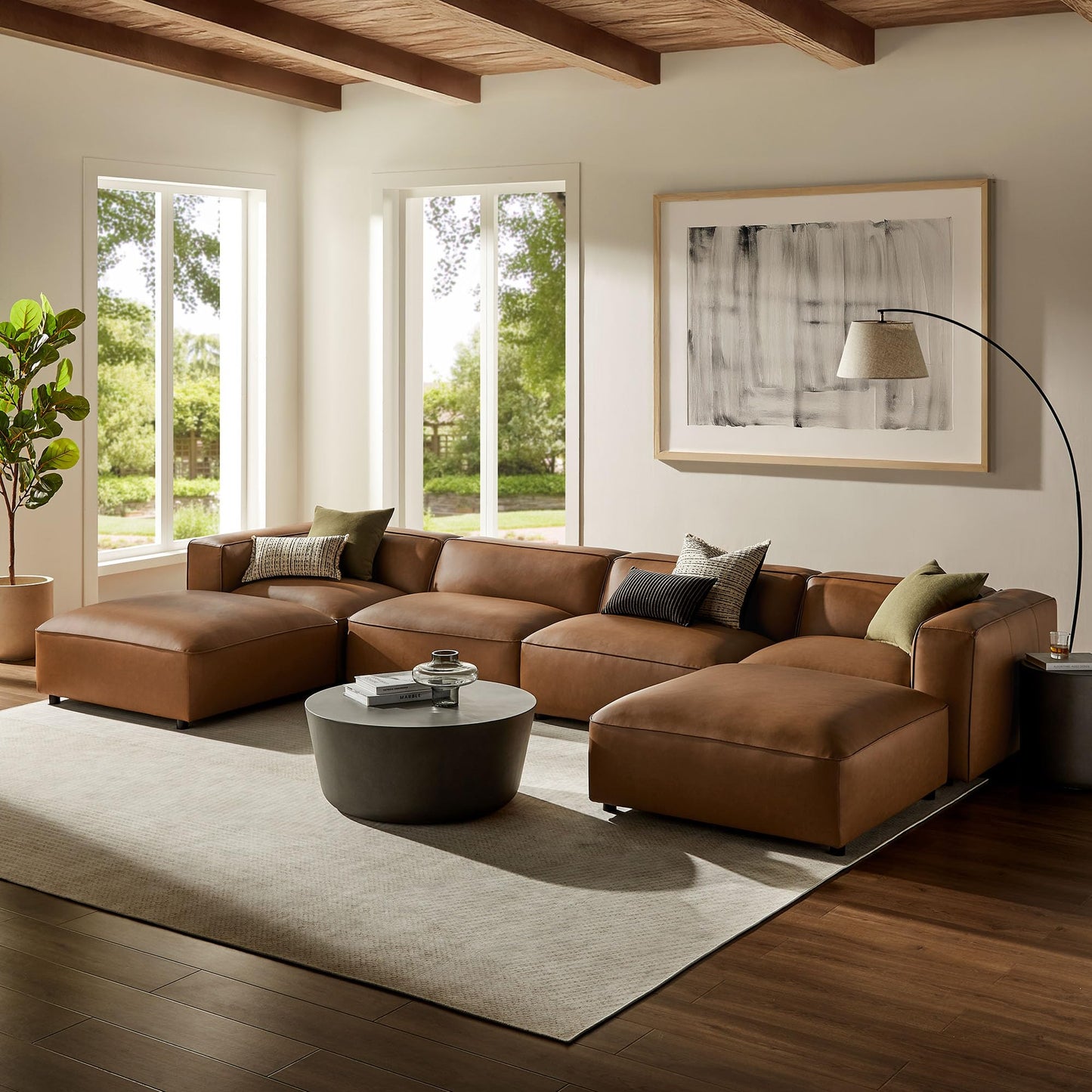 Modway Auren Vegan Leather 6 Piece Modular Sofa in Coffee - Faux Leather 4 Seater Sectional - Comfy Modern L Shaped Sofa - Oversized Mid Century Modern Couch for Living Room