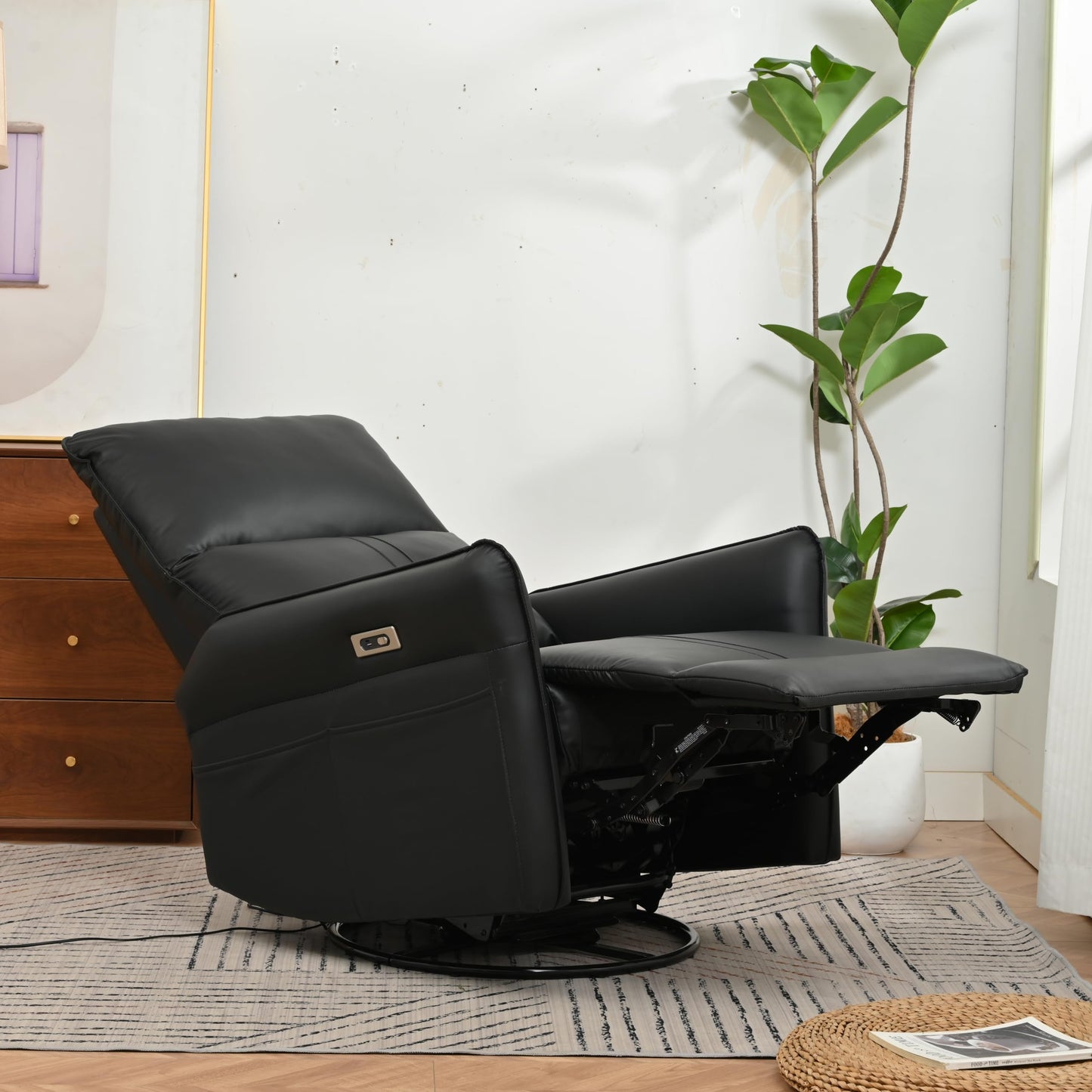 KEIKI 270 Degree Power Swivel PU Leather Power Recliner Chair, Nursery Recliners, Home Theater Recliner Chair, Electric Glider Reclining Sofa with USB Ports, Black