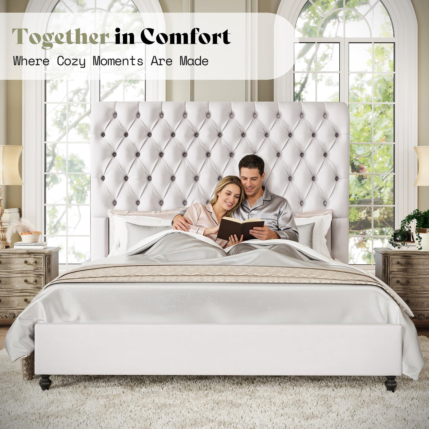 AMERLIFE Queen Size Bed Frame and Headboard with 59" Tall Sleigh Design, Luxury Velvet Upholstered Queen Bed Frame with Handcrafted Deep-Tufted and Solid Wood Legs, No Box Spring Needed,Cream