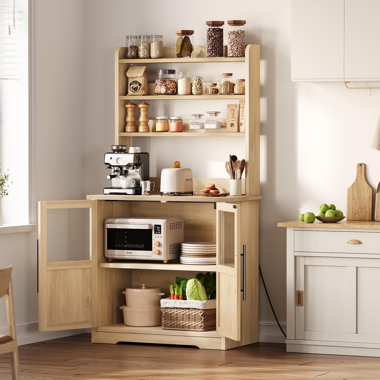 Garvee Farmhouse Bakers Rack with Glass Door, Microwave Stand with Power Outlets, Kitchen Hutch Pantry Cabinet, Kitchen Coffee Bar Cabinet for Spices, Dishes, and Pots, Wood