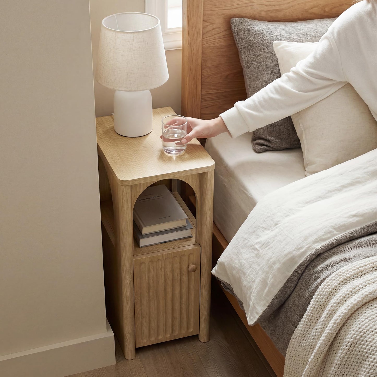 Aylenic Narrow Nightstand with Charging Station, Slim Wood Bedside Table Fluted Night Stand Thin Side Table Organiser Skinny Modern Natural Cute End Table with Door Storage for Bedroom (2, Wood)