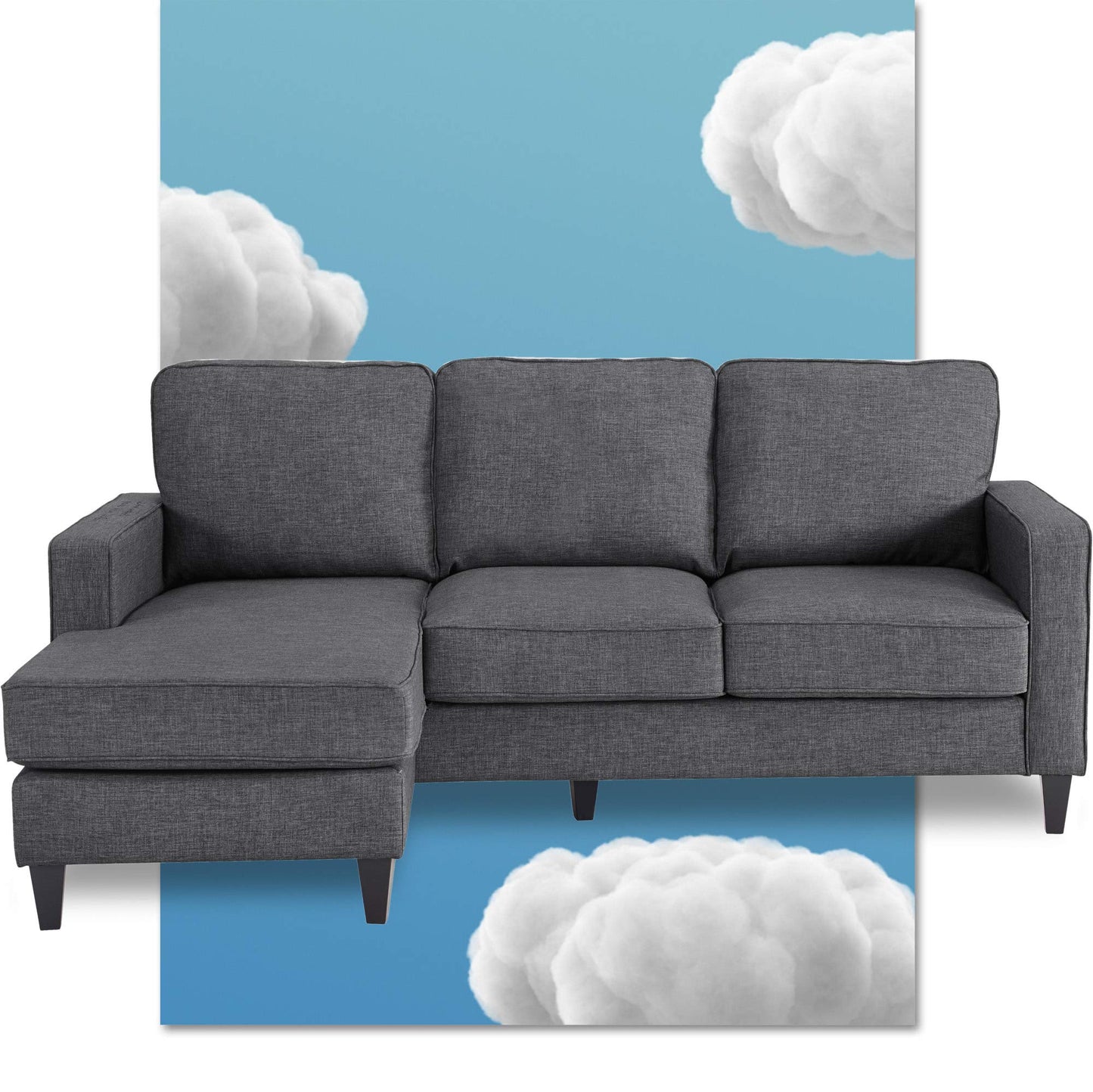 Serta Harmon Reversible Sectional Sofa, Modern L-Shaped Couch for Small Spaces, Soft Fabric Upholstery, Square Arm, Pillow Back Cushions, Dark Gray