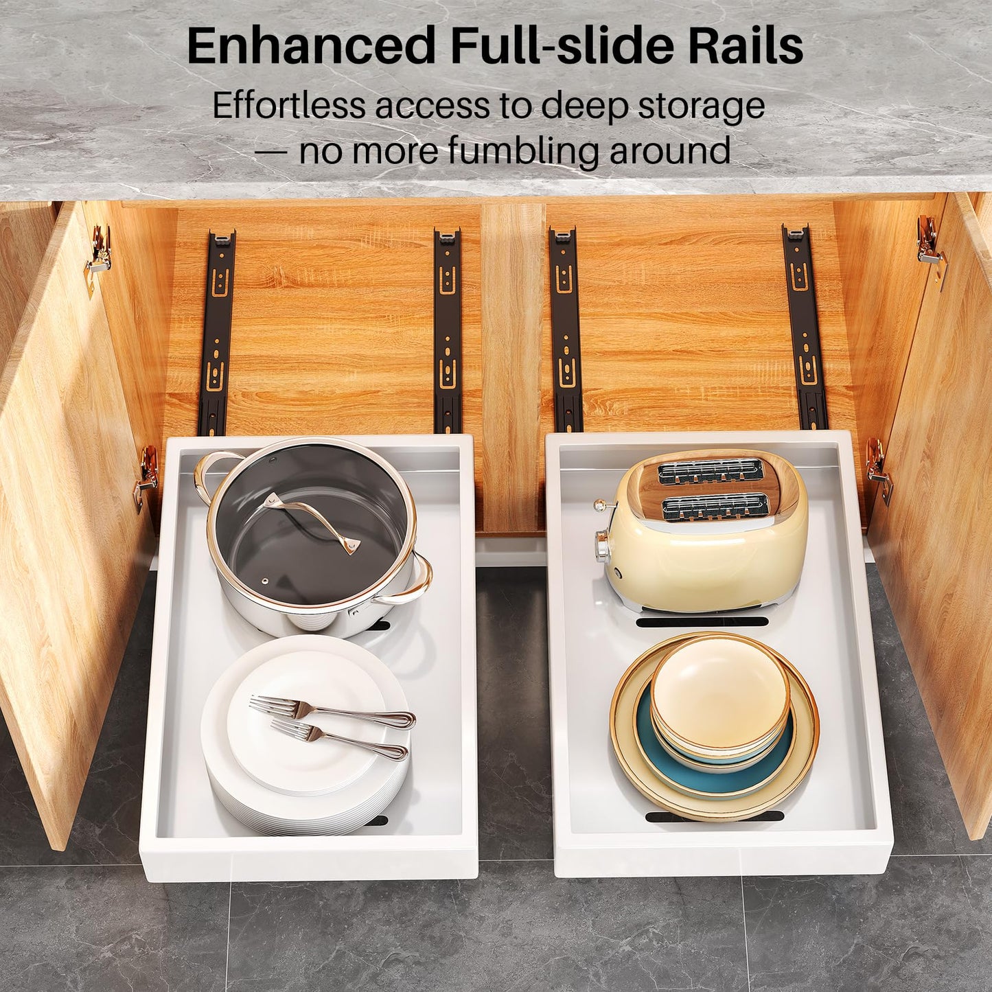 4 Pack Pull out Cabinet Organizer, 21"Deep, Heavy Duty Full-extension Slide out Drawers for Kitchen Cabinet, Roll out Shelf Storage with Nano Adhesive for Pots, Bathroom, Pantry, Home, White
