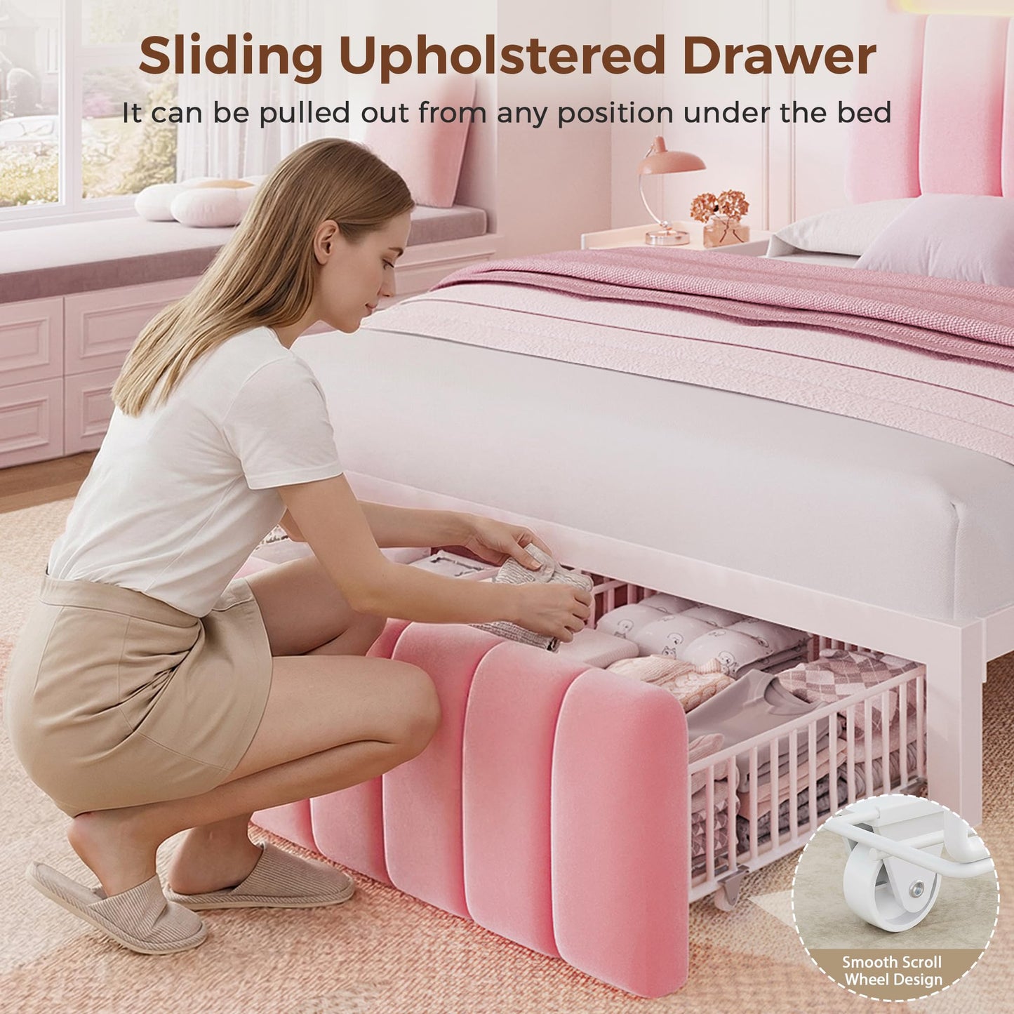 Jocoevol Full Size Bed Frame with Storage Headboard,Upholstered Princess Bed Frame Full with Storage Drawers and Charging Station,Velvet Platform Metal Bed, Noise-Free, No Box Spring Needed