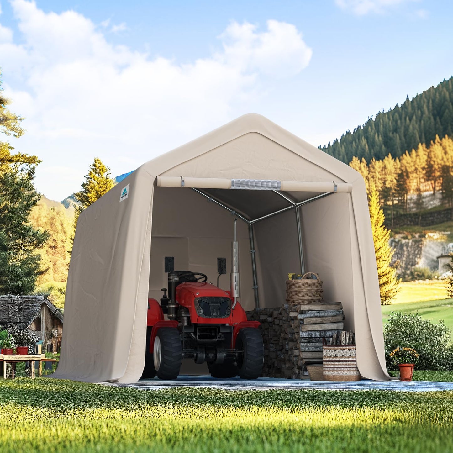 ADVANCE OUTDOOR 8x14 ft Steel Metal Peak Roof Portable Garage Shelter Storage Shed Carport for Motorcycle, Bike or Garden Tools with 2 Roll up Doors & Vents, Beige