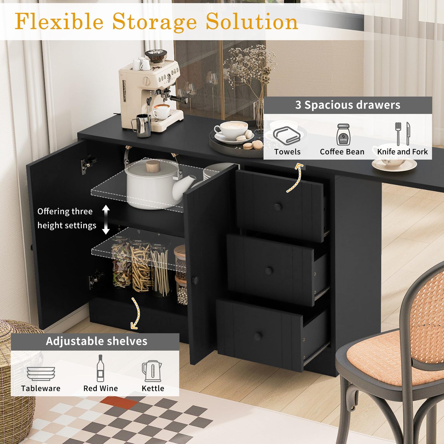Merax Wood Farmhouse Buffet Sideboard with with Extendable Table, Multifunctional Coffee Bar Cabinet with 2 Doors and 3 Drawers for Living Room Bedroom Kitchen Black