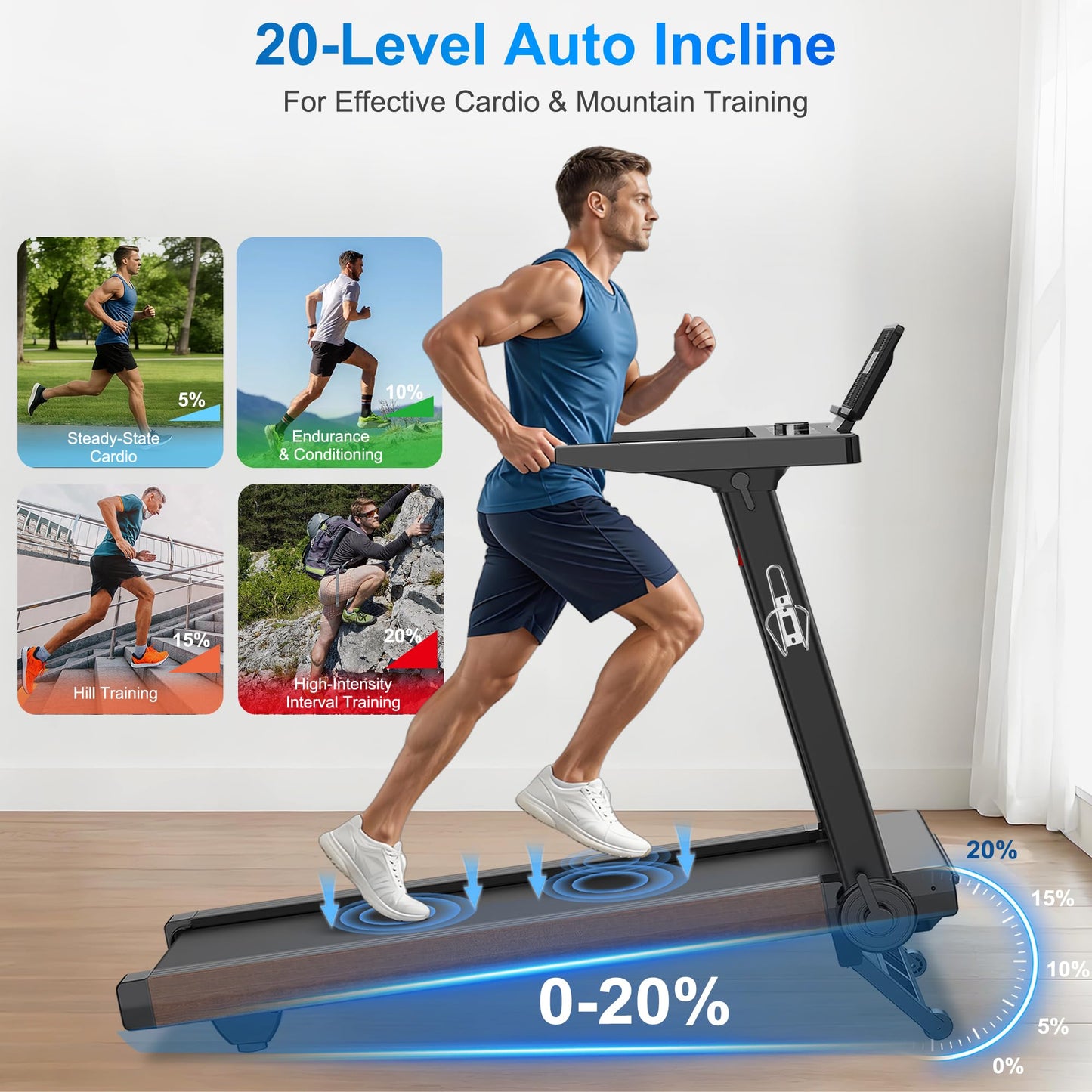 Borgusi Treadmills for Home with Auto Incline - Fully Assembled, 4 Hp Foldable Treadmill, 18.9 Inch Wide, 400 Lb Capacity, LED Display, 12 Mph Speed, Bluetooth App and Speaker, Shock Absorbent