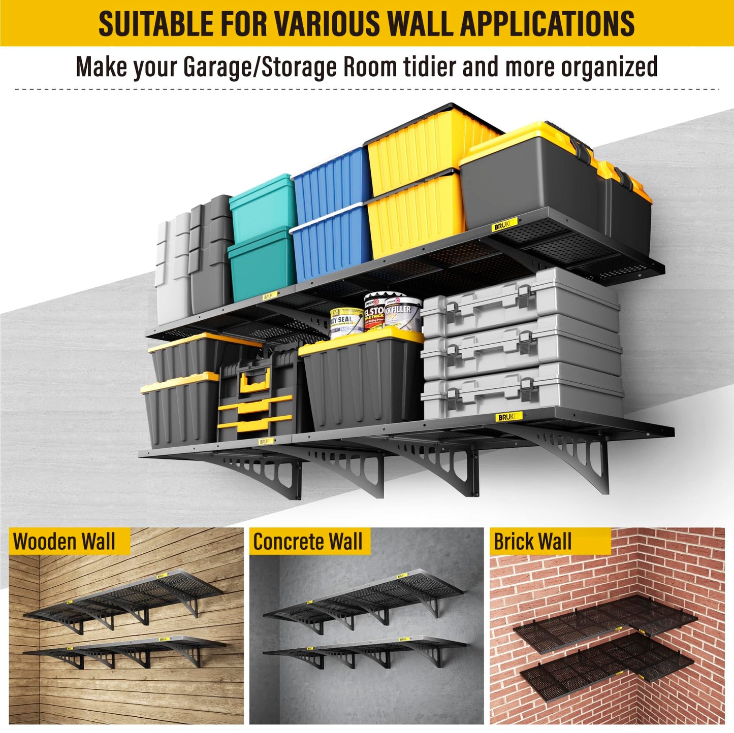 Brukid 4Pack 2x3ft Adjustable Metal Garage Wall Shelving Heavy Duty Garage Storage Shelf Wall Mounted Black