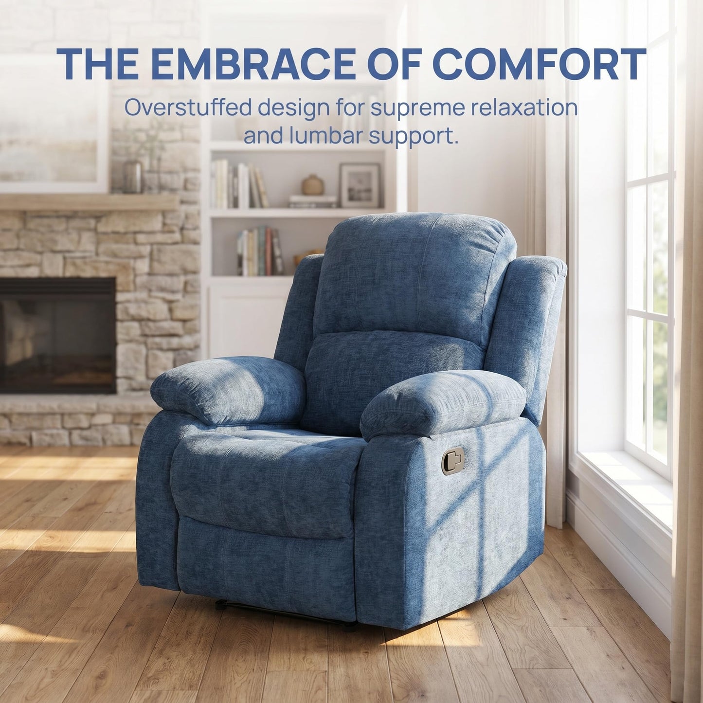 Trygoal Manual Recliner Chair, Nursery Rocking Chair, Fluffy Recliner Chair for Adults, Lazy Boy, Gaming Recliner wih Overstuffed Arms, Suitable for Home Theater, Living Room, Bedroom, Light Blue