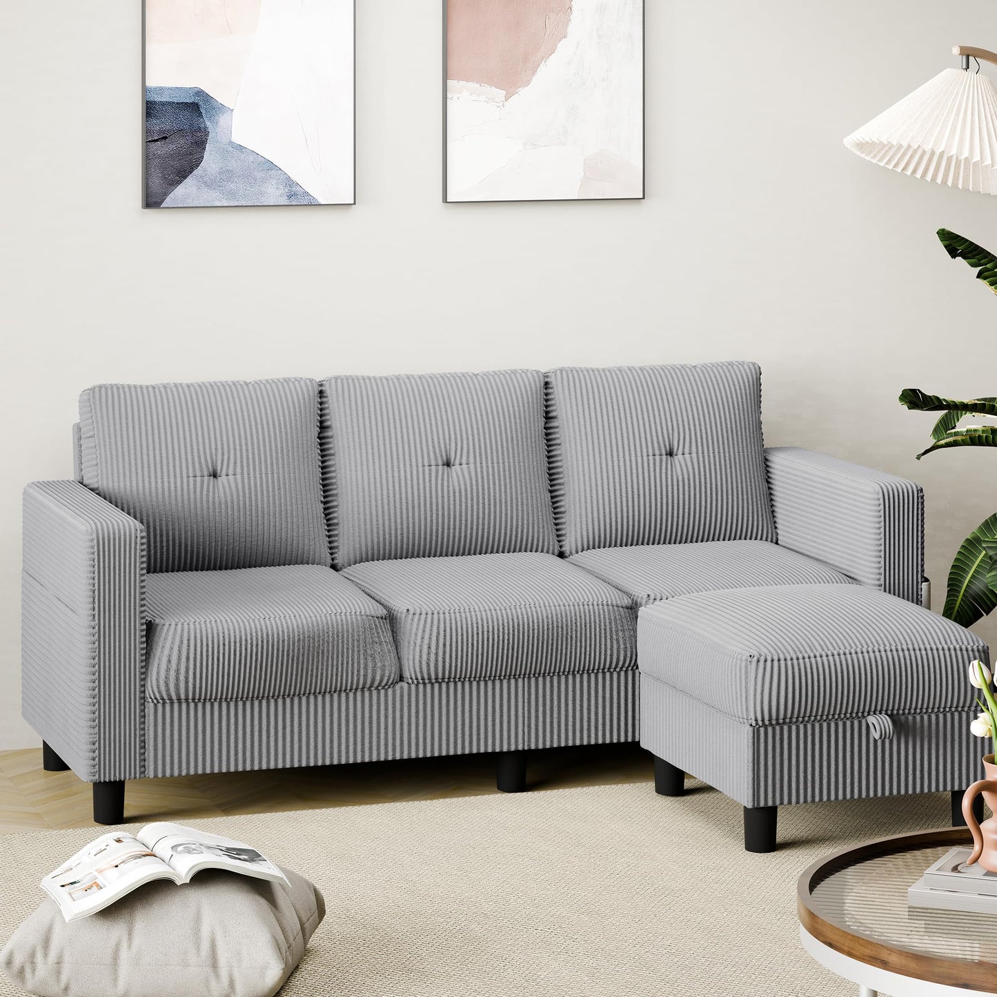 Shintenchi 76" Modern Upholstered Sectional Sofa, L-Shaped Couch with Storage Ottoman and Reversible Chaise for Living Room, Off-Grey Corduroy Fabric