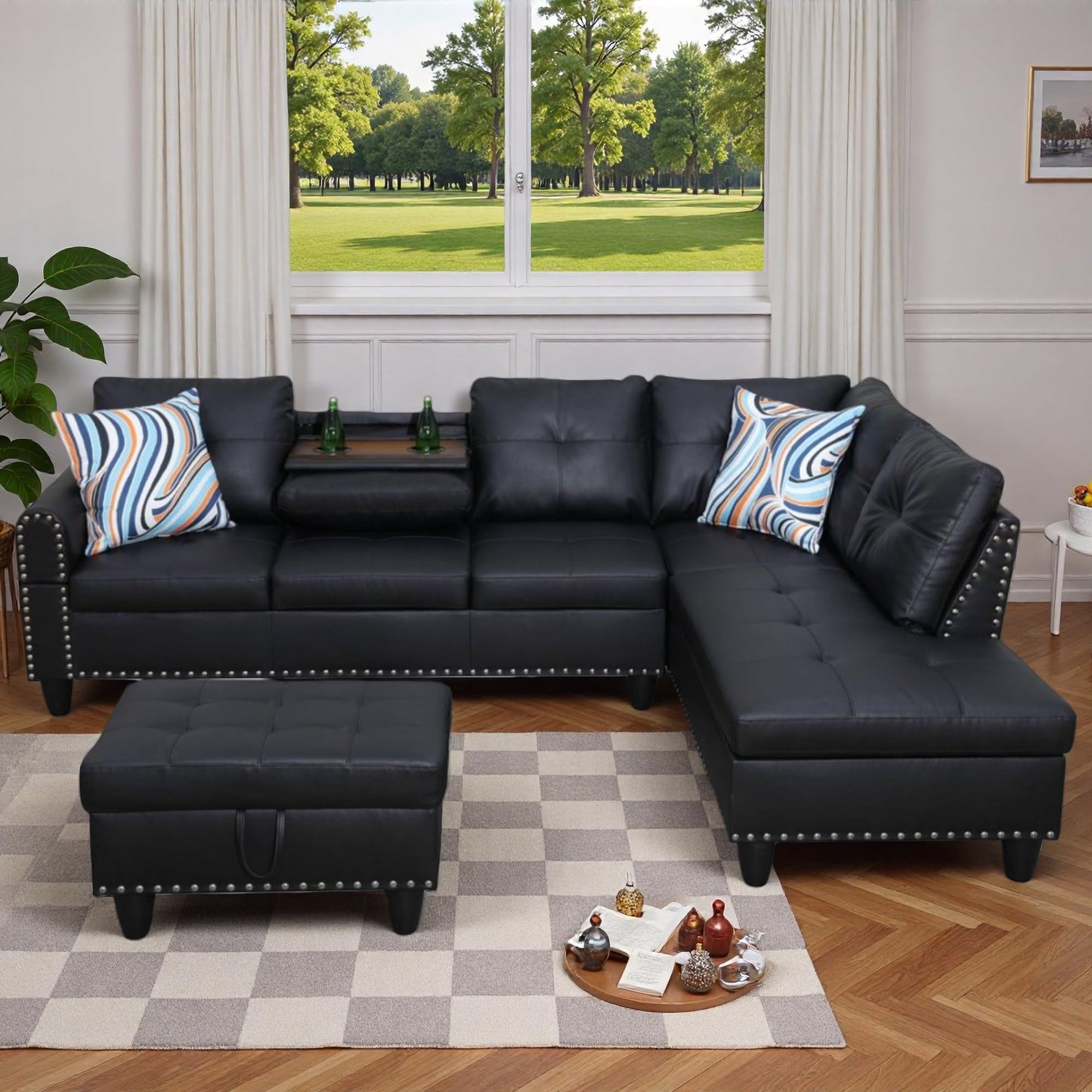 Trygoal L-Shaped Sectional Sofa with Movable Chaise & Storage Ottoman - 3-Piece Leather Modular Convertible Couch for Living Room, Apartment & Home Office, Gloss Black