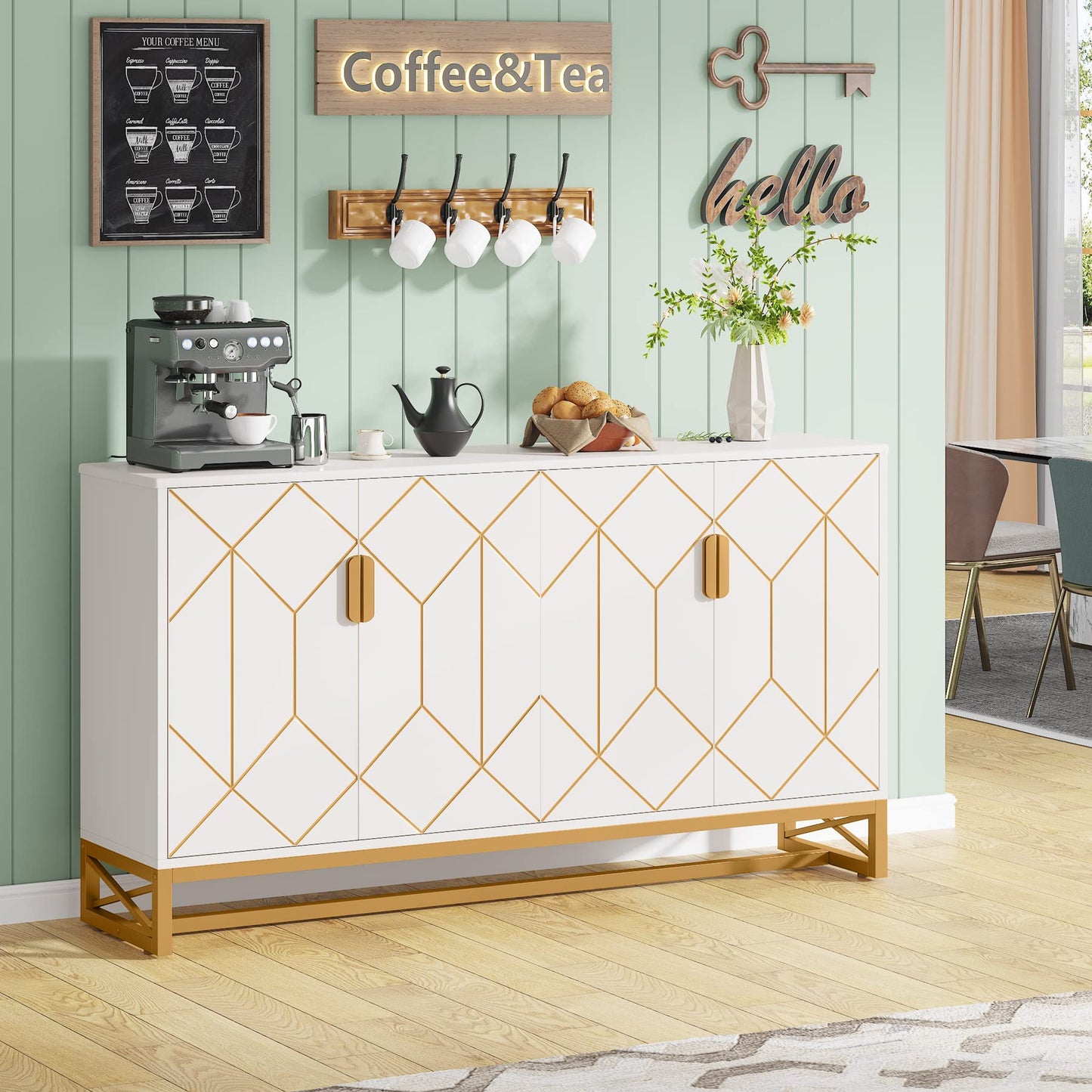 Tribesigns 59" White Gold Buffet Cabinet with Storage Kitchen Sideboard Storage Cabinet