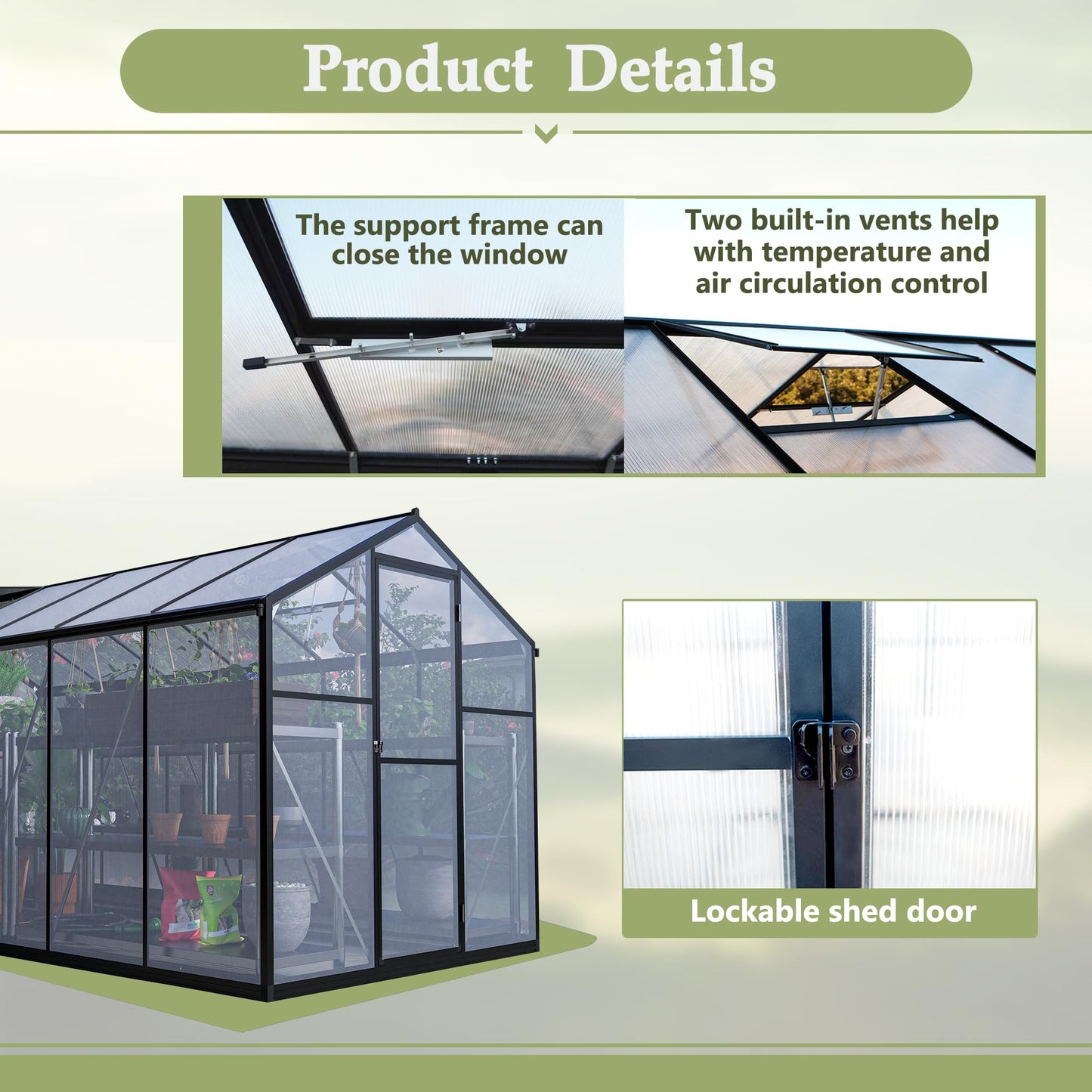 KEIKI 6x12 FT Greenhouse for Outdoors, Heavy Duty Polycarbonate Greenhouse, Large Walk-in Green House with Double Doors and Two Ventilation Windows for Outside Green House Garden Backyard