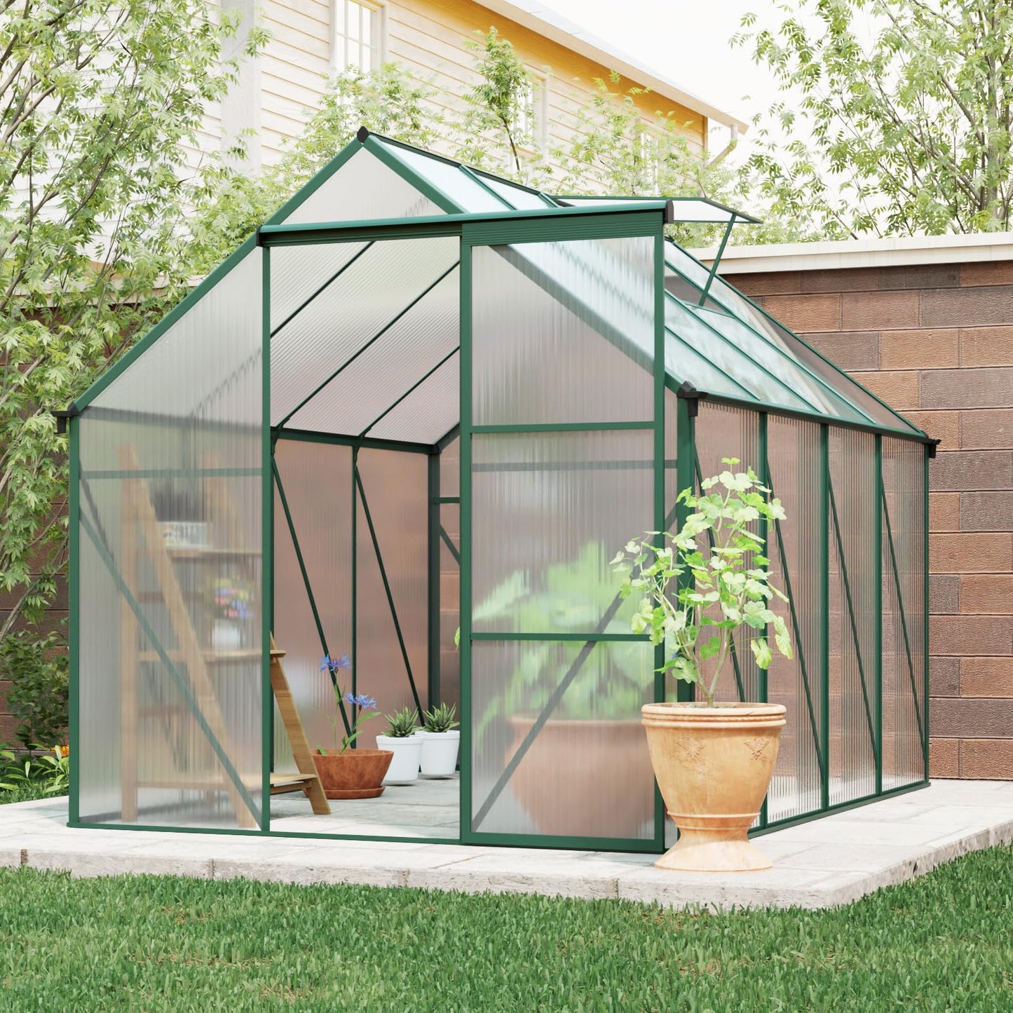 KEIKI 6x8 FT Polycarbonate Greenhouse with Aluminum Frame,Raised Base and Roof Vent,Walk-in Greenhouses for Patio Garden Backyard