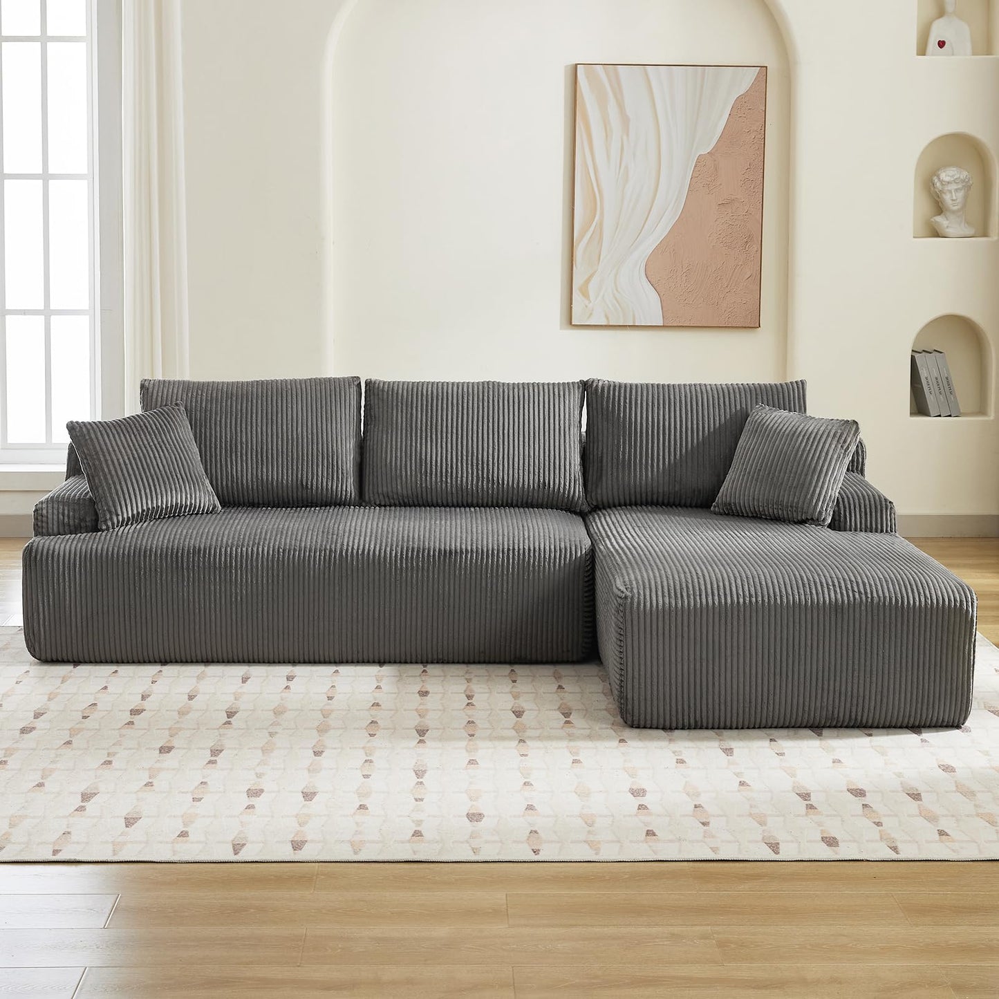 Cloud Boneless L-Shape Couch 108" Modern Sectional Comfy No Assembly Required Sleeper Modular Sofa with Corduroy Fabric Deep Seat Loveseat + Chaise Lounge Chair for Living Room