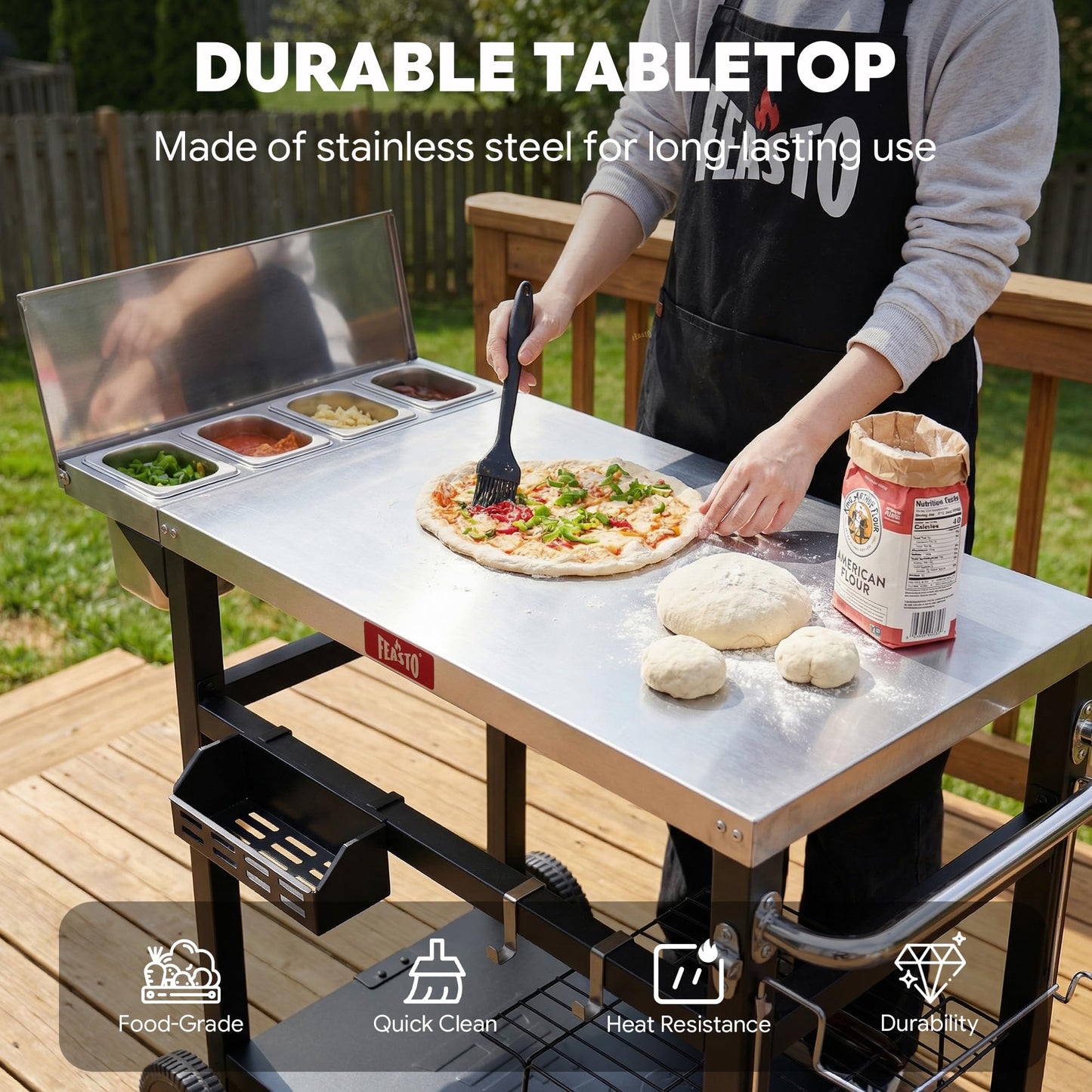 Feasto Outdoor Prep Table with One-Piece Integrated Topping Station, Food-Grade Stainless Steel Tabletop, Pizza Oven Table with Lockable Wheels for Backyard BBQ & Party