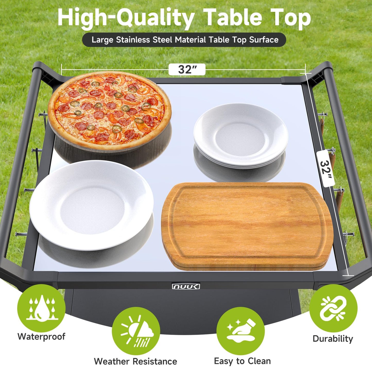 NUUK Outdoor Grill Cart on Wheel 32" x 32", Stainless Steel Pizza Oven Table with Double-Shelf, Rolling Countertop Kitchen Food Prep Cart for Backyard, Garden, Restaurant