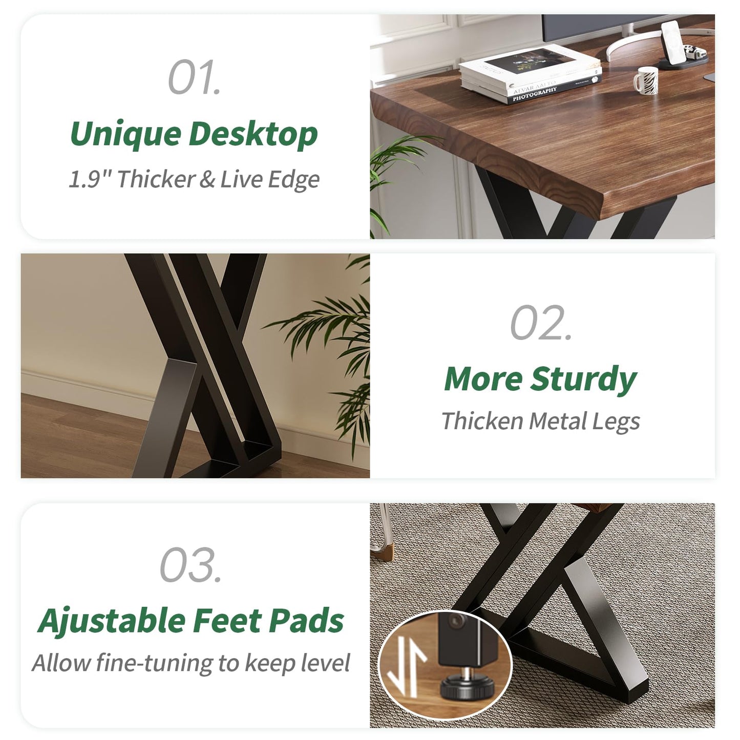 SXXjiaju Solid Wood Desk 63 Inches, Live Edge Wooden Home Office Computer Desk Metal Frame Modern Simple Design Executive Real Wood Desk for Writing Study Dining Gaming