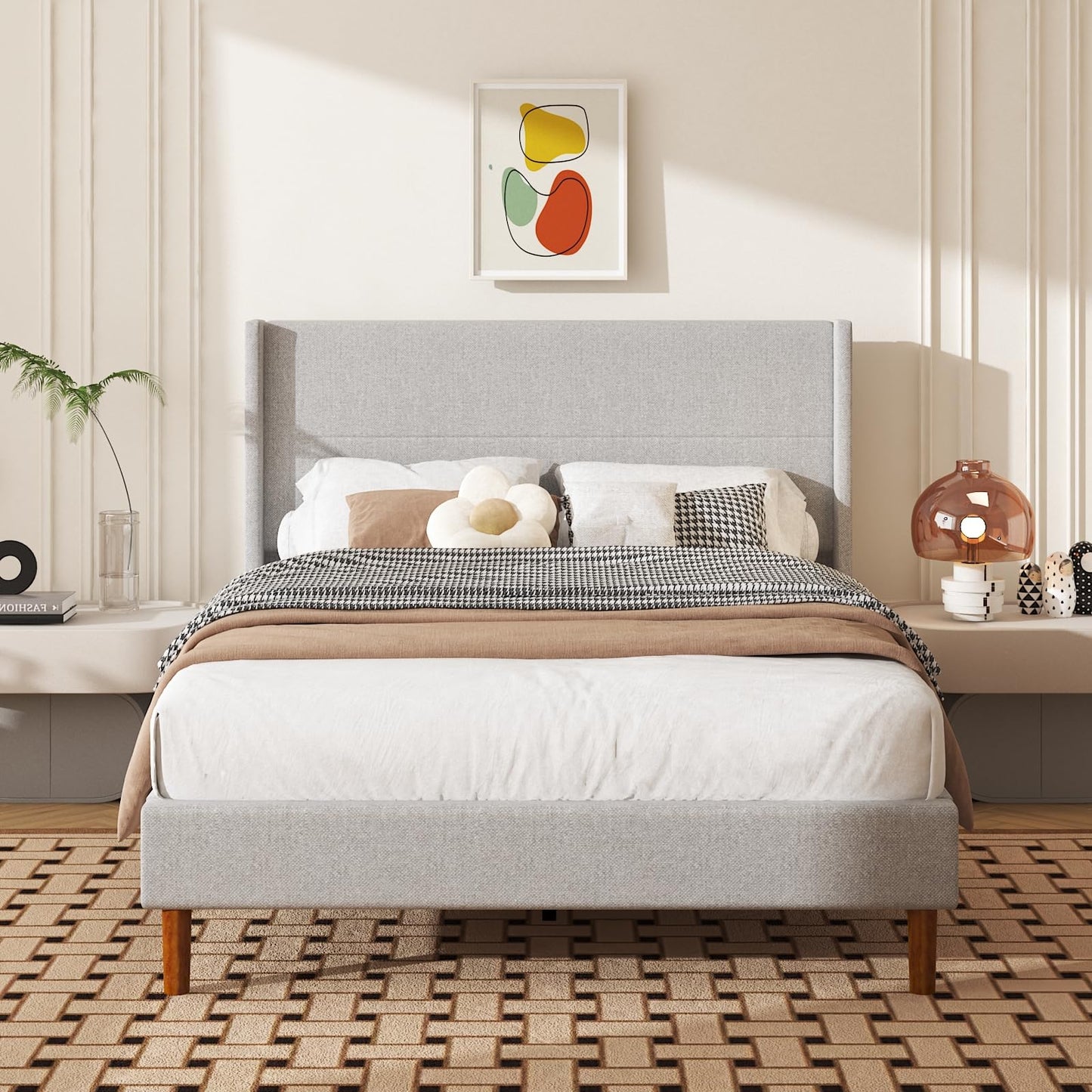 Mxhtcewz Full Size Bed Frame, Linen Upholstered Platform with Wingback Headboard, Wooden Slats Support, No Box Spring Needed, Easy Assembly, Lightgrey