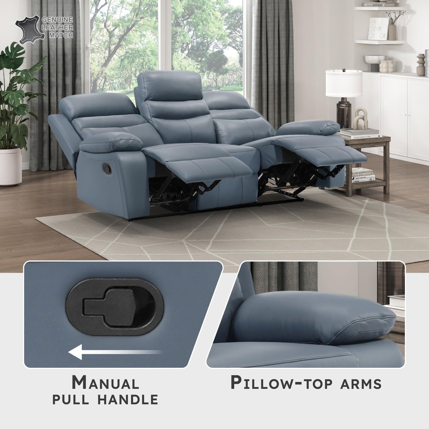 Lexicon 86.5" W Manual Reclining Sofa, Top Grain Leather Match Reclining Sofa, Home Theater Seating, Wall Hugger Recliner Couch, Manual Double Recliner RV Couch for Living Room, Blue