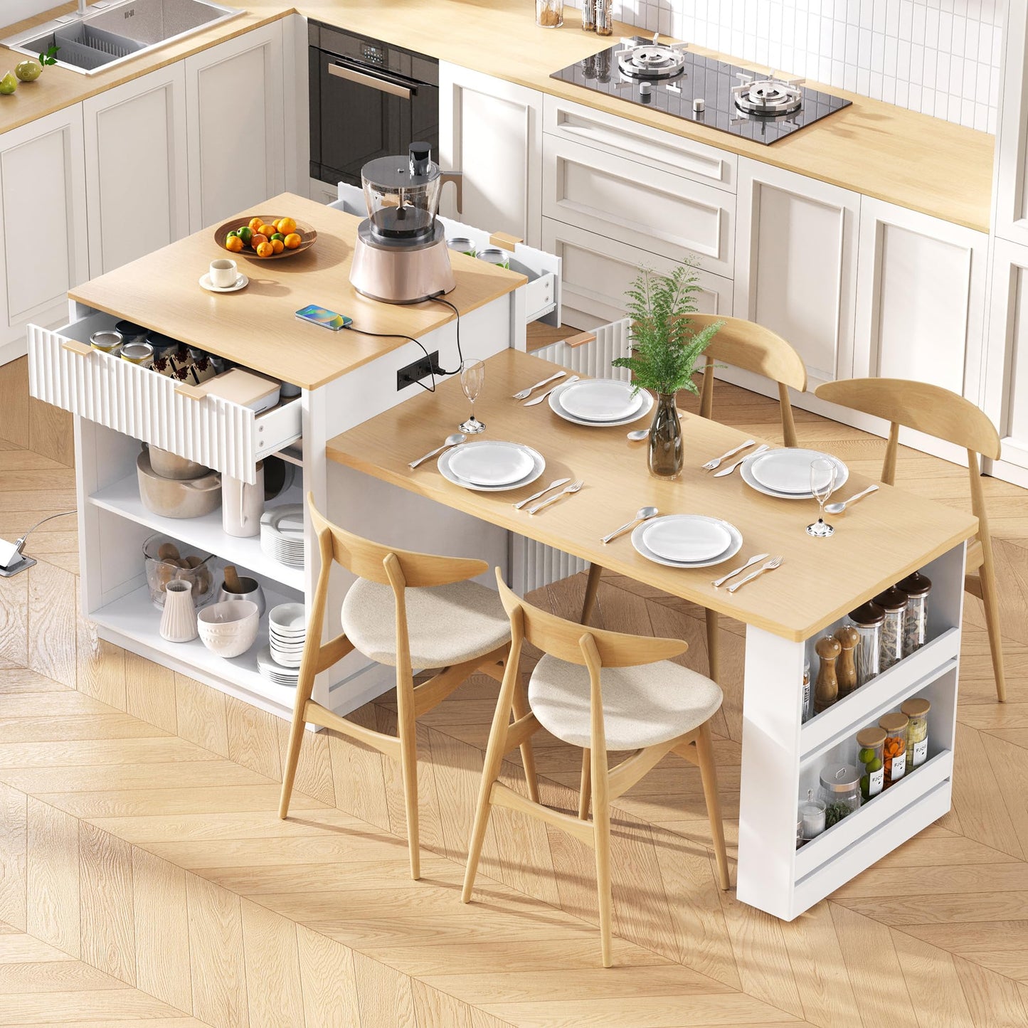 Trygoal 83" Extendable Kitchen Island with Drop Leaf Dining Table, White Rolling Storage Cart on Wheels with Power Outlet, Drawers & Cabinets, Anti-Wobble Central Caster, White